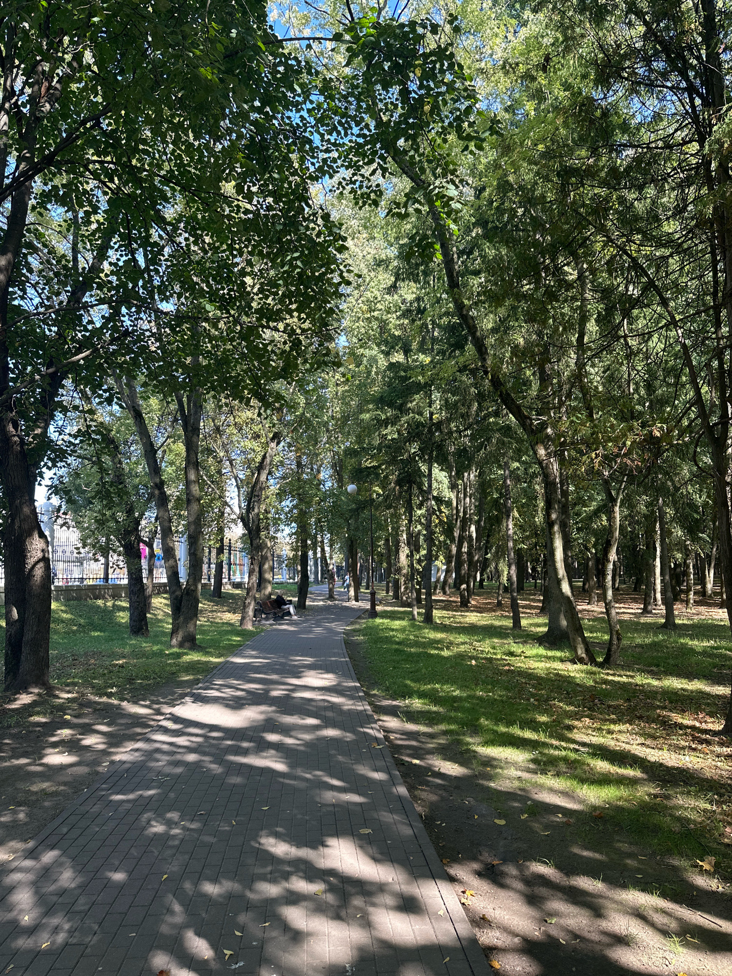 The image depicts a sun-dappled park path in Minsk, Belarus, on a clear day. The path, paved with gray rectangular bricks laid in a diamond pattern, winds through a grove of mature trees. The trees, with their green foliage, cast a mosaic of shadows across the walkway and the adjacent grassy areas. The grass appears well-maintained, with patches of fallen leaves scattered on the ground, suggesting it is either late summer or early autumn.
On the left side of the path, a black metal fence runs along the perimeter of the park. Beyond the fence, some buildings and what appear to be other park features are visible, but are out of focus.
Further down the path, a dark-colored park bench is occupied by a person wearing light-colored clothing, possibly a white top and dark bottoms, who is seated and facing away from the camera. Another person is visible further down the path, walking away from the camera. A lamppost is situated to the right of the path.
The overall scene is one of a tranquil urban park, with the play of light and shadow creating a serene and inviting atmosphere.