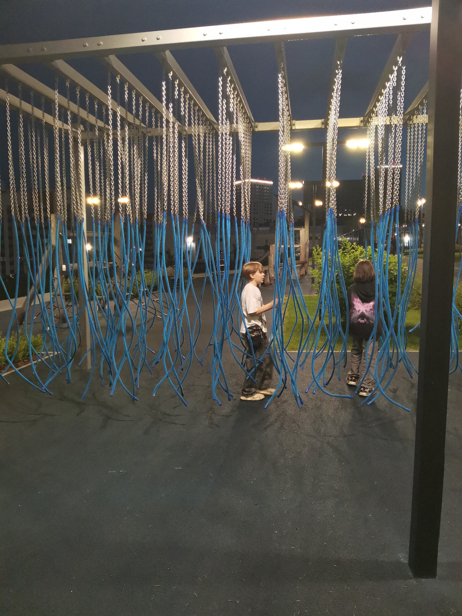 Two children stand on a dark rubberized surface in what appears to be an outdoor playground or park. The scene is lit by artificial lights, suggesting it is either dusk or nighttime. Above them, a structure of metal beams supports numerous hanging chains. From the chains, thick, blue ropes hang down, creating a curtain-like effect.
The child on the left is a boy wearing a white t-shirt, dark pants, and light-colored shoes. He is facing towards the right, looking at the other child. The child on the right is a girl wearing a dark hoodie with a butterfly graphic on the back and grey pants. She is facing away from the camera, also looking towards the right. Both children appear to be interacting with the rope structure, possibly preparing to swing or climb.
In the background, there is greenery, suggesting the presence of trees or bushes. Beyond that, the lights of a city are visible, with several tall buildings in the distance. The sky is a deep, dark blue, consistent with late evening or night. The overall atmosphere is calm and possibly playful, given the playground setting and the presence of children. There is no visible text in the image.