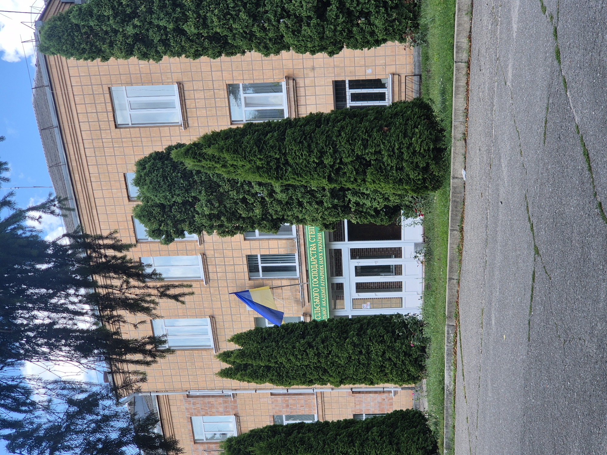 In Sozonivka, Ukraine, a two-story building with light orange tiled facade stands under a partly cloudy sky. The building features multiple white-framed windows. A Ukrainian flag, blue and yellow, is displayed on a flagpole affixed to the building's facade. Green coniferous trees of varying heights are planted in front of the building, framing the entrance which has double glass doors. The ground in front of the building is paved with asphalt, showing visible cracks. A low concrete curb separates the paved area from a strip of grass and foliage. Tree branches with dark green needles hang down from the top of the frame, partially obscuring the upper portion of the building and the sky.
