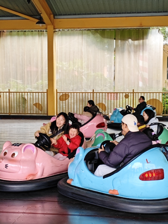 The image displays a bustling bumper car attraction situated within the Chongqing High-tech Zone, China. The arena is covered by a greenish-gray corrugated metal roof supported by yellow beams and pillars, from which a single black industrial light fixture hangs. A yellow railing, featuring decorative circular cutouts, frames the riding area. Behind the railing, translucent white curtains are visible, with green foliage and distant structures suggesting an outdoor context.
In the foreground, a young adult female with long dark hair, wearing a light brown jacket, drives a pink bumper car shaped like a cartoon cat. She is captured mid-laugh, mouth open, looking ahead. A young child in a bright red jacket sits in front of her, also laughing joyfully with closed eyes and raised hands. Adjacent to them on the right, an adult male in a dark puffer jacket and a beige baseball cap bearing the 'LA' logo operates a light blue bumper car, looking left with a smile. A child is partially visible seated in front of him.
Further into the scene, another pink bumper car is occupied by an adult female and a child, while a dark blue bumper car holds an adult male wearing glasses. In total, at least six individuals, comprising both adults and children, are visible, all actively participating in the bumper car ride with evident expressions of amusement and excitement on their faces. The cars are brightly colored with black protective rubber bumpers, moving across a dark, reflective floor.