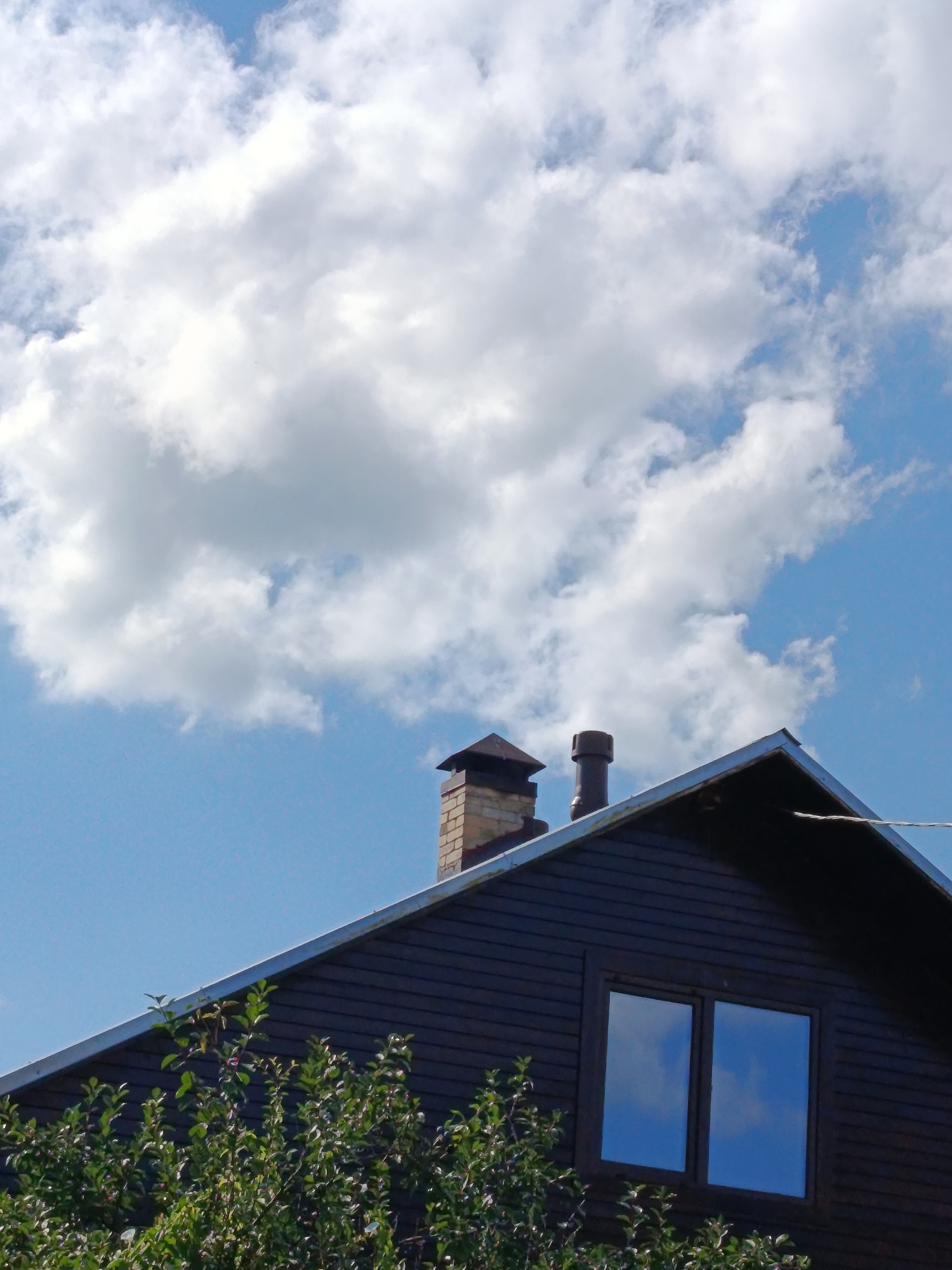 A low-angle, eye-level medium shot captures the dark brown wooden gabled roof of a house against a bright blue sky filled with large, fluffy white clouds. Two chimneys are visible on the roof: a shorter, brick chimney with a dark cap on the left, and a taller, dark metal chimney on the right. A dark-framed double window is situated on the face of the house, reflecting the sky and clouds. In the foreground, lush green foliage from trees obscures the lower part of the house. The image is taken outdoors, likely in a residential area of Vereya, Russia, during daylight hours, with the sun illuminating the scene.