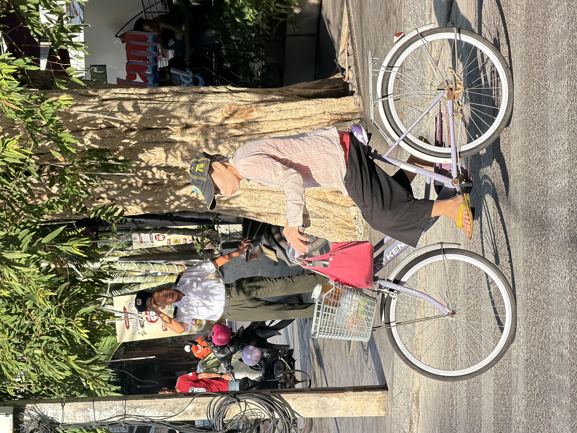 The image captures a street scene in Nha Trang, Vietnam, bathed in the bright light of what appears to be late afternoon. In the foreground, a woman is riding a light purple bicycle. She is wearing a cap with the number "79" on it, a light-colored, vertically striped button-up shirt, dark pants, and yellow sandals. The bicycle is equipped with a wire basket in front, containing groceries, and a bright pink bag hangs from the handlebars. The woman's face is partially obscured by her cap and the angle of her head, but she appears to be looking forward.
Behind the cyclist, a man in a white collared shirt and dark pants is standing, adjusting his cap. He seems to be an authority figure, possibly a security guard or official, given his attire and the cap he is holding. He is positioned near a motorcycle.
The environment features a large, mature tree with a textured trunk and lush green leaves casting dappled shadows on the pavement. In the background, there are glimpses of buildings, signage, and other people, indicating a bustling urban setting. The street is paved with asphalt. Electrical wires and a concrete pillar are visible on the left side of the frame, suggesting a typical urban street infrastructure. The overall impression is one of daily life in a Vietnamese city.