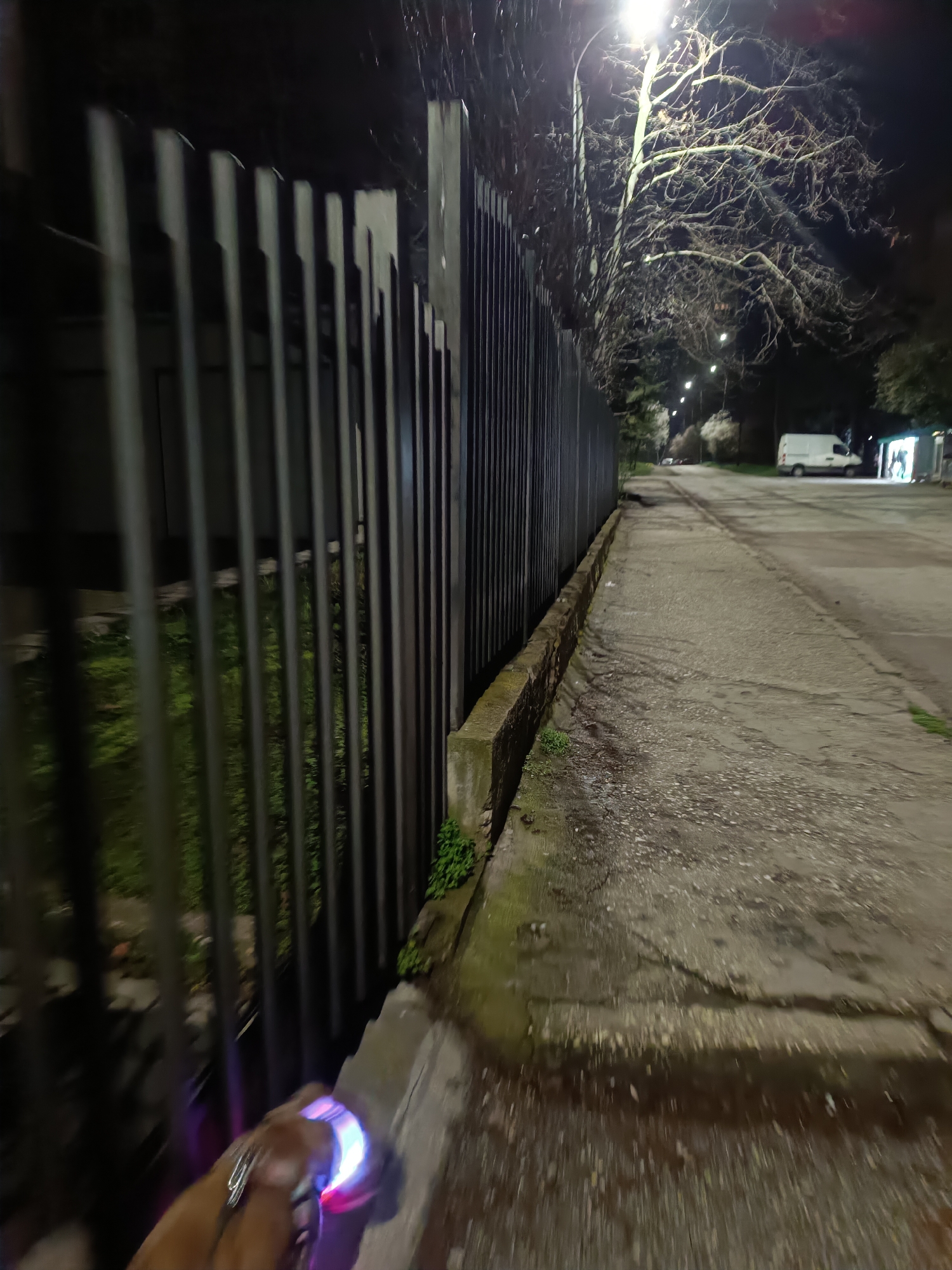 The image depicts a dimly lit street scene at night, possibly in Pleven, Bulgaria. A dark metal fence runs along the left side of the frame, casting long shadows. A narrow sidewalk borders the fence. The sidewalk is cracked and uneven. Further down the street, streetlights illuminate trees with bare branches. A white van is parked on the right side of the street, near a small building. An unidentifiable person is in the lower left corner, holding an object emitting blue and pink light. No specific actions or interactions are clearly visible.