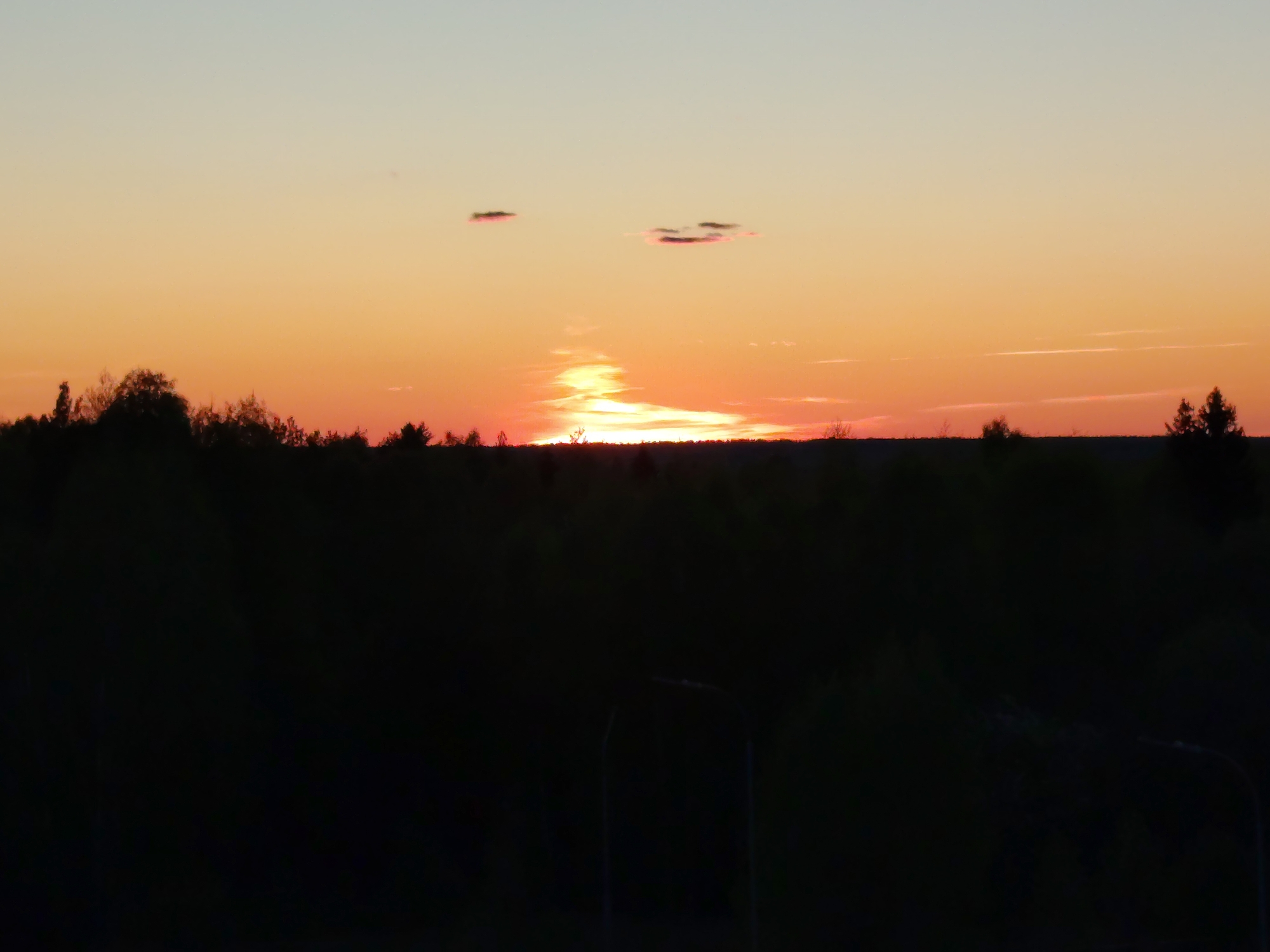 The image shows a sunset over a dark, silhouetted landscape. The sky transitions from a light blue at the top to orange and red hues near the horizon. A few small, dark clouds are scattered across the upper part of the sky. Below the horizon, a band of dark trees and foliage forms the foreground, with indistinct shapes of what appear to be streetlights visible at the bottom. The location is Марковский, Russia.