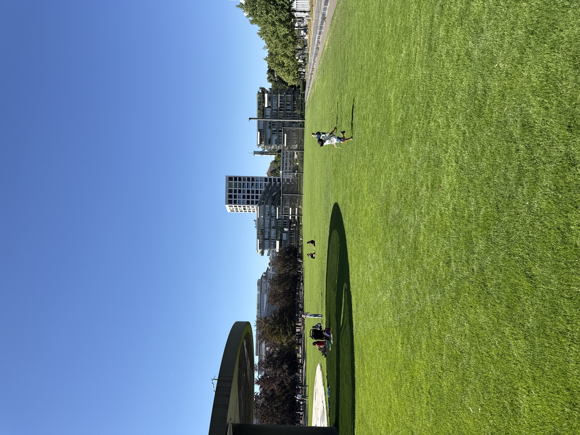 The image depicts a sunny day in a park with lush green grass in the foreground. In the mid-ground, several people are relaxing on the grass, with a few children playing. A stroller is visible near one of the groups. In the background, modern apartment buildings and trees line the perimeter of the park. The scene suggests a recreational area within an urban environment. This location is the Hardturm Park in Zurich, Switzerland.