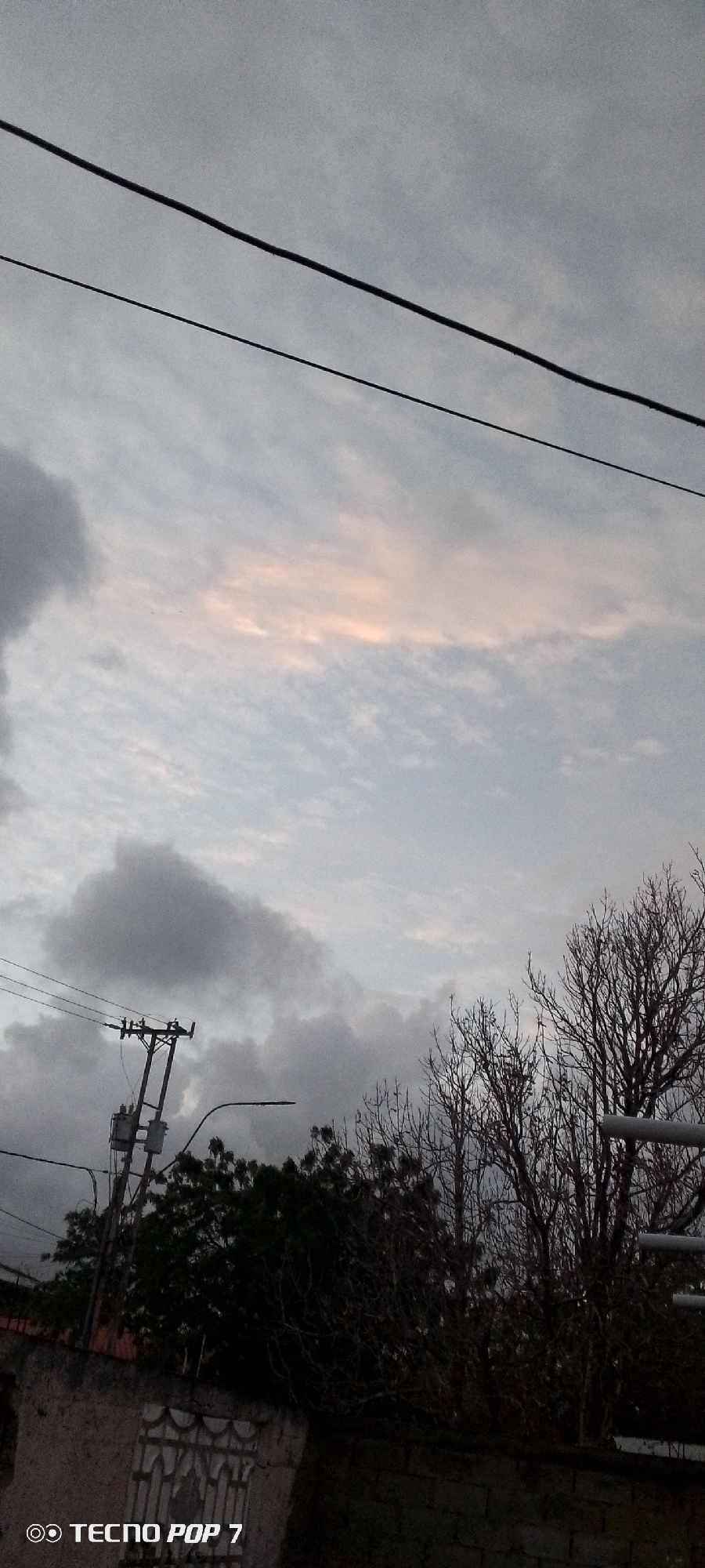 The image depicts a cloudy sky over a residential area in Altagracia, Venezuela. The sky is predominantly gray and white, with a hint of orange. Two electrical wires stretch horizontally across the upper portion of the frame. A utility pole with transformers and electrical wiring stands to the left of the frame. A dense collection of trees, some with bare branches, fills the lower right section of the image. The bottom of the frame shows a portion of a wall. A logo "TECNO POP 7" is displayed at the bottom left.