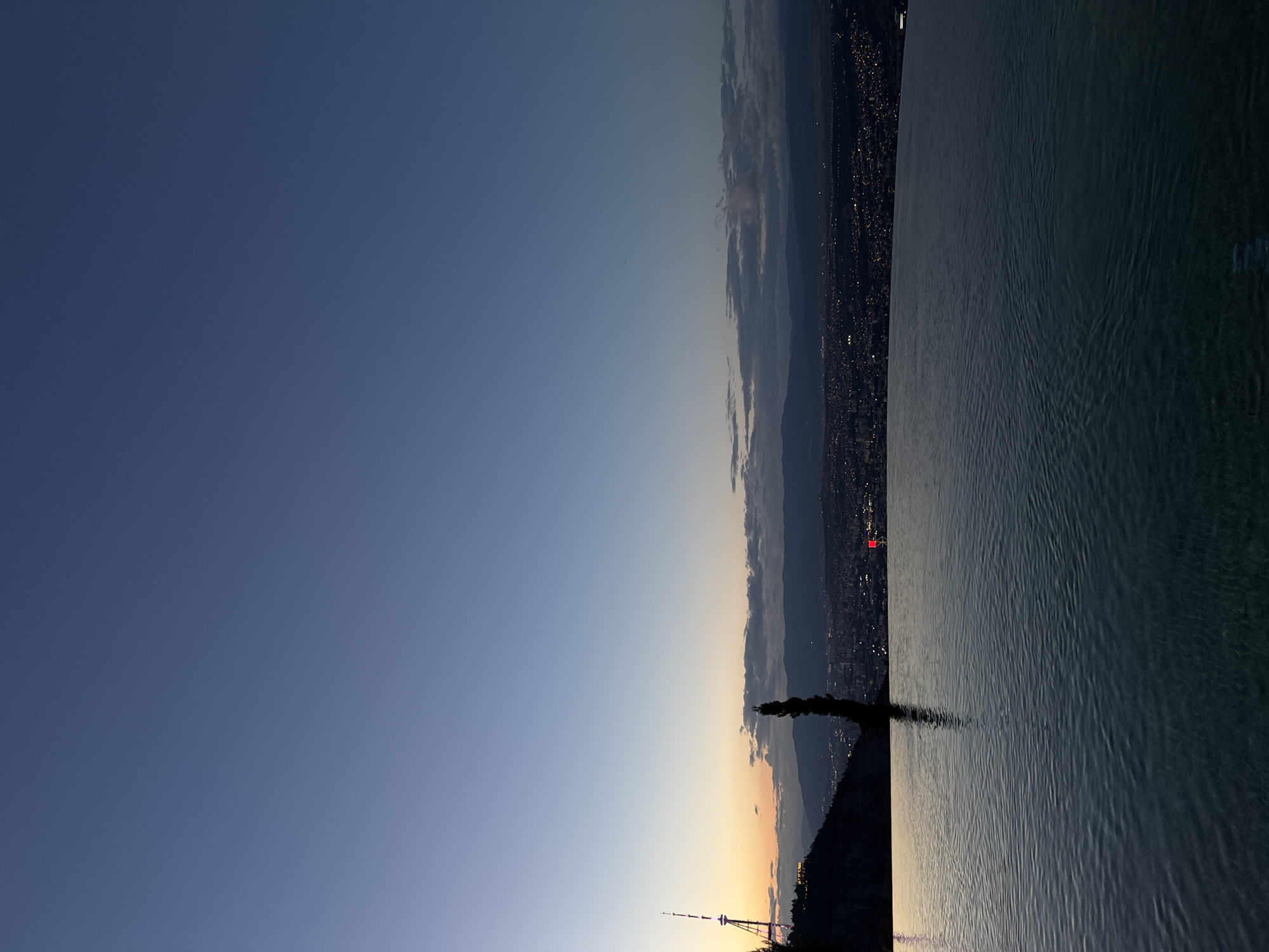 The image captures a panoramic view of Tbilisi, Georgia, at dusk. In the foreground, an infinity pool reflects the twilight sky and the distant city lights. The water's surface is rippled, creating a dynamic texture.
The middle ground features a dark, silhouetted hillside with a lone, tall, slender tree standing prominently. To the left, on the hillside, is the illuminated Tbilisi TV Tower, a distinctive landmark of the city.
Beyond the hill, the sprawling cityscape of Tbilisi unfolds, dotted with countless lights that begin to twinkle as darkness descends. The city stretches towards the horizon, where dark, undulating mountains form a natural backdrop. The sky above is a gradient of deep blue, transitioning to lighter shades near the horizon where the last vestiges of sunset create a faint orange glow. Scattered clouds, dark and moody, drift across the upper portion of the sky. The overall scene conveys a sense of serene observation of the city from a vantage point.