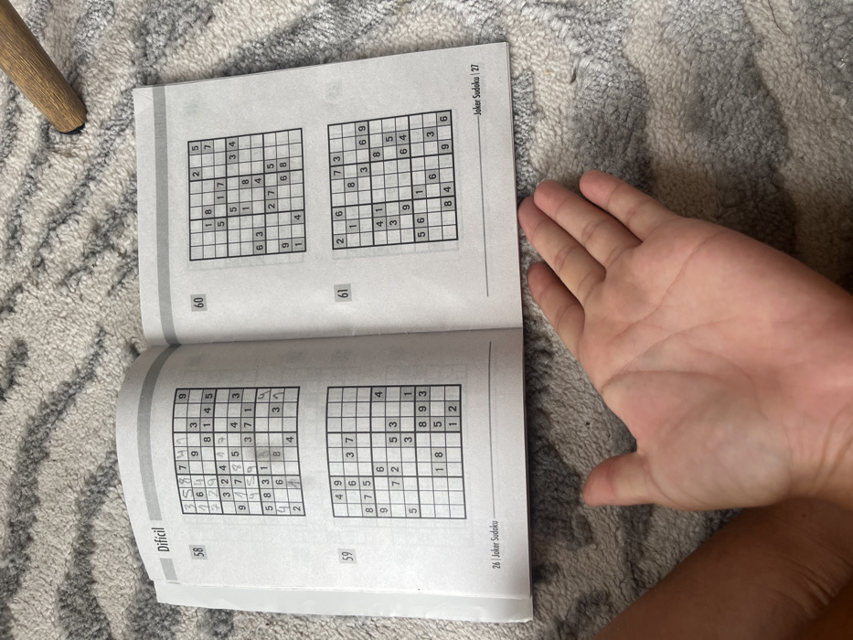 The image displays an open "Joker Sudoku" puzzle book resting on a light-colored, patterned rug. The book is open to pages 26 and 27, presenting four Sudoku grids numbered 58, 59, 60, and 61. Puzzle 58, marked "Dificil" (Difficult), contains numerous handwritten numerical entries, indicating partial completion. Puzzles 59, 60, and 61 appear blank. A human right hand, palm upward with fingers slightly curled, occupies the lower central foreground, partially overlapping the book's bottom margin. A small section of a left forearm is visible on the extreme lower left. The underlying rug features a subtle, abstract grey and off-white pattern. In the upper right quadrant, a portion of a light-brown wooden furniture leg is visible. The scene depicts an indoor domestic setting. The precise location within Buenos Aires, Argentina, is not discernible from the visual elements presented.