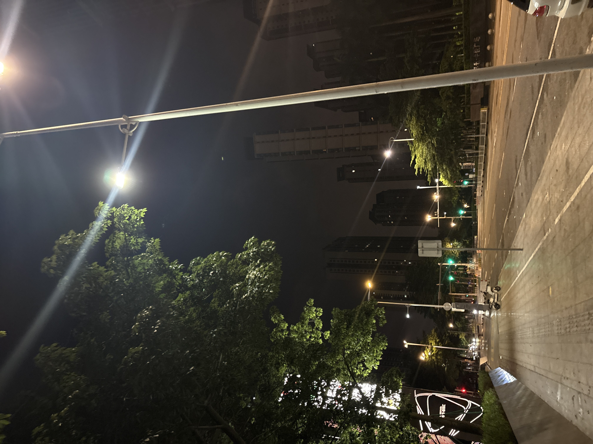 The image depicts a nighttime scene on a city street, possibly in Haizhu District, China. The perspective is from a sidewalk looking towards a road lined with trees and tall buildings. Streetlights illuminate the scene, casting a warm glow on the wet pavement, suggesting recent rain or dampness. A few scattered vehicles are visible on the road, their headlights and taillights creating streaks of light. In the foreground, the lush green foliage of trees stands out against the dark sky. Further down the street, traffic lights show red and green signals. A white electric scooter is parked on the sidewalk. In the background, the silhouettes of modern high-rise buildings rise into the night. The overall atmosphere is one of urban tranquility and nighttime activity. There is no visible text in the image.