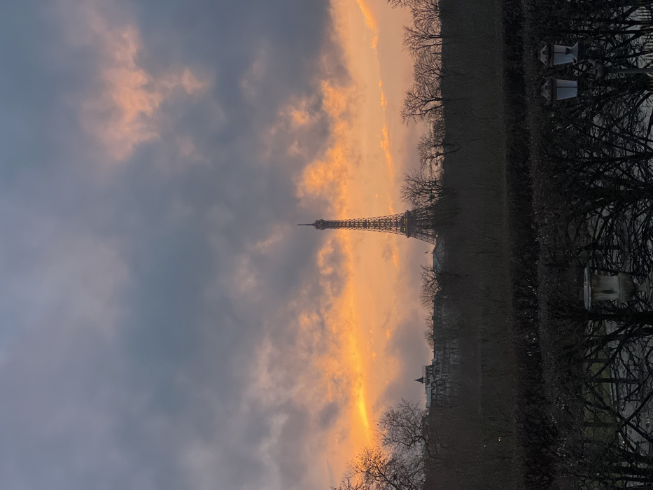Eiffel Tower rises prominently against a dramatic sky. The sky is divided; a cloudy blue-gray expanse on the left contrasts with a vibrant orange-yellow band near the tower. Below the tower, trees and building silhouettes add depth. In the foreground, branches and streetlights frame the scene, suggesting an urban park setting. The image is rotated, presenting a unique perspective.