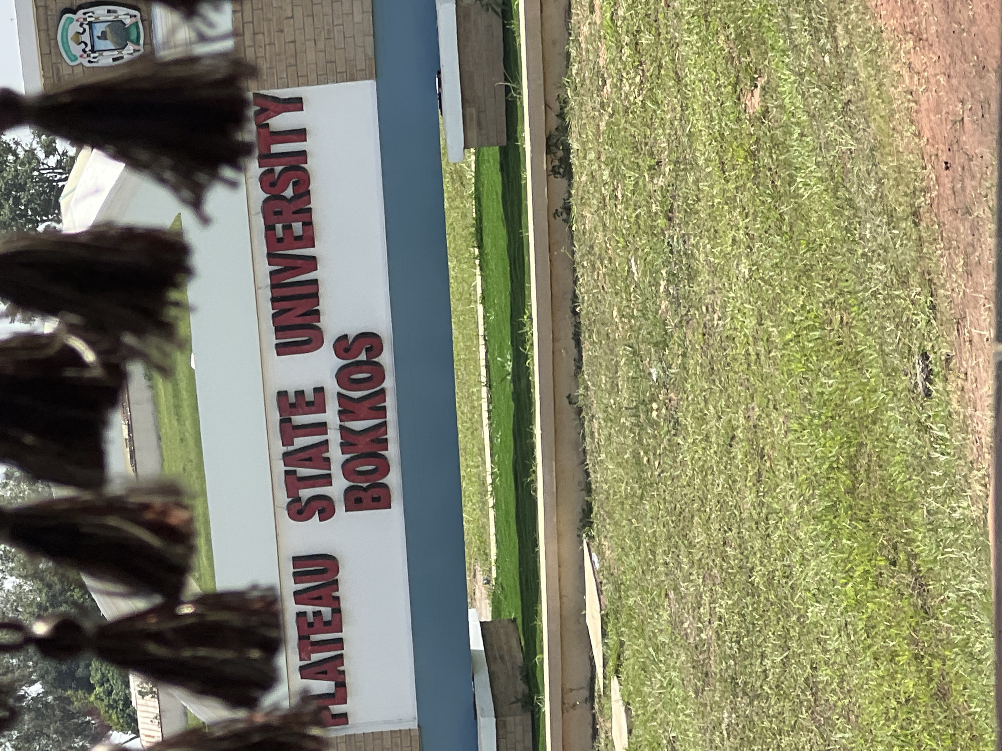 The image shows the entrance sign for Plateau State University Bokkos, located in Bokkos, Nigeria. The sign is white with red lettering and a blue stripe running down the side. Green grass is visible in the foreground and to the side of the sign. The top of the sign features a coat of arms. A tassel or fringe hangs in front of the sign, partially obscuring the view. The photo seems to be taken from a car.