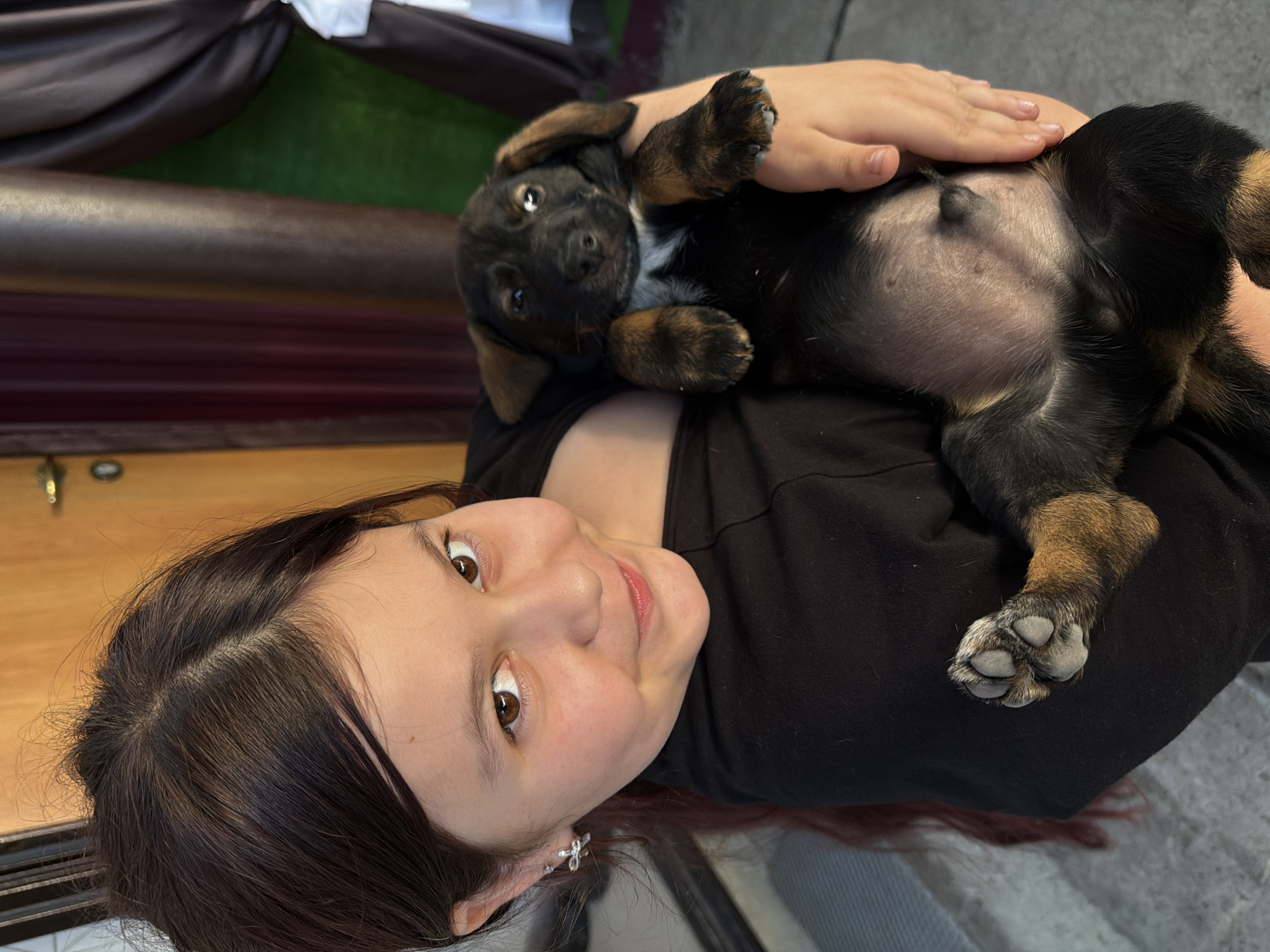 This is a vertical, eye-level, medium shot photograph of a young girl holding a small puppy. The girl is on the left side of the frame, facing the camera and smiling. She has long, dark brown hair and brown eyes, and she is wearing a black t-shirt. Her left arm is around the puppy, which is resting on her chest. The puppy is black with tan markings and has its belly exposed, showing its ribs. It is looking up at the camera with its mouth slightly open. A hand, presumably the girl's, is gently stroking the puppy's head. The background is blurred but appears to be outdoors, with some greenery and what looks like outdoor furniture. The lighting suggests it is daytime, possibly with diffused sunlight. There is no visible text in the image. The overall mood of the image is warm and affectionate, highlighting the bond between the girl and her pet. The location context is Tuapse, Russia.