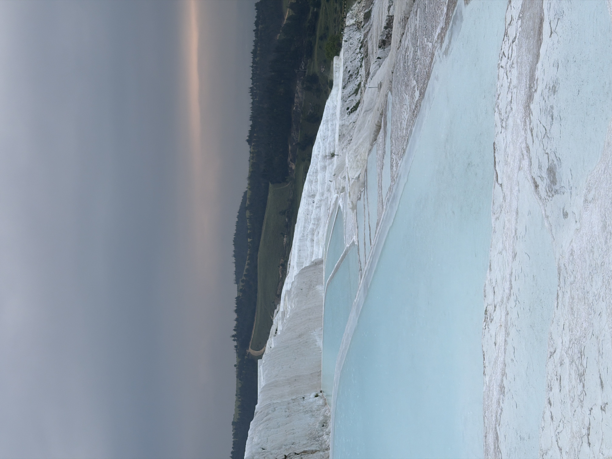 The image shows the Pamukkale Travertines in Pamukkale, Turkey. These are white terraces formed by mineral-rich thermal waters. Some of the terraces contain light-blue water. There are trees and a hillside visible in the background, and a grey sky overhead.