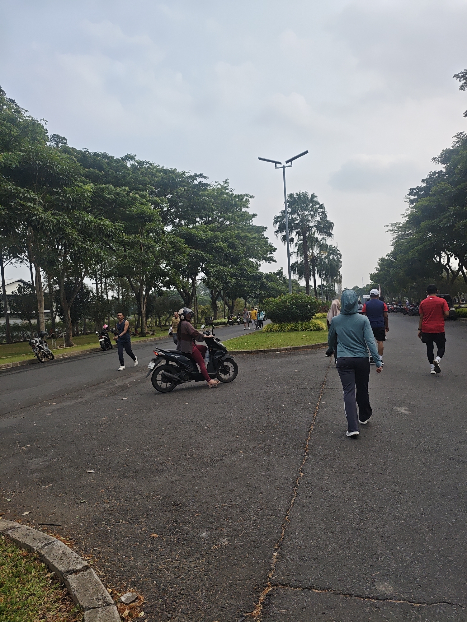 A group of people are visible in an outdoor park setting in Bacin, Indonesia. The scene is captured on an overcast day. In the foreground, a person is riding a black motorcycle. To the left, a motorcycle is parked on the grassy shoulder of the asphalt road. Further down the road, another person is walking, and several other individuals are jogging or walking in the distance. The park features a line of trees along the road, with palm trees and other foliage visible. A street lamp is also present. The road itself shows some wear and tear, with cracks visible.