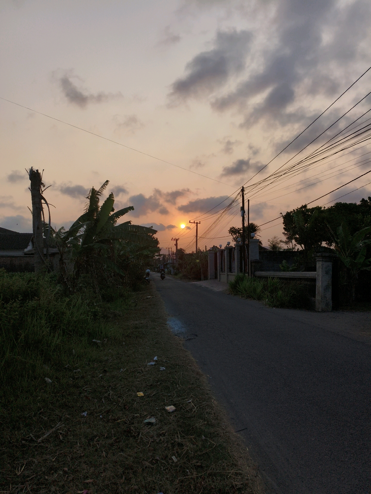 The image depicts a rural road in Jabon, Indonesia, during sunset. The sky is a mix of pale orange and gray clouds. The sun, a bright orange disc, is visible low on the horizon, casting a warm glow. A road, paved with asphalt, runs through the scene, bordered by grassy verges and vegetation. On the left side of the road, there is a large, dead tree trunk with broken branches, alongside lush green grass and banana trees. Further down the road on the left, a house with a dark roof is visible. On the right side of the road, a concrete fence with pillars runs along a property line, with trees and more vegetation behind it. Electrical wires are strung across the sky, supported by utility poles. Two motorcycles are seen on the road, with one rider visible. Litter is scattered on the grassy verge on the left side of the road. The overall atmosphere is serene, characteristic of a quiet evening in a rural Indonesian setting.