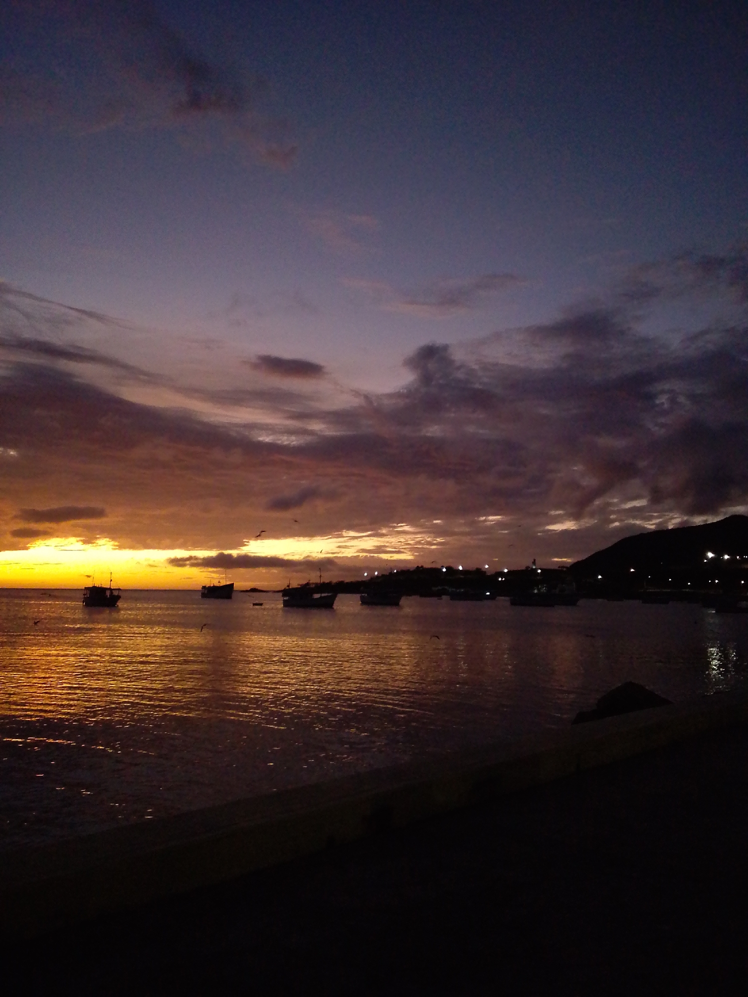 This is a vertical, full-shot photograph of a harbor at dusk. The sky transitions from a bright orange glow near the horizon to a deep purple and then dark blue at the top of the frame. Wispy clouds are scattered across the sky, catching the orange and pink hues of the setting sun. Several dark-hulled boats are anchored in the calm water, their silhouettes stark against the vibrant sky and its reflection. In the distance, a dark, silhouetted landmass with scattered lights suggests a town or village nestled along the coastline. The foreground is dominated by a dark, out-of-focus area, likely a pier or walkway, with a rock formation visible near the right edge. The overall mood is serene and picturesque, capturing the quiet beauty of a coastal evening.