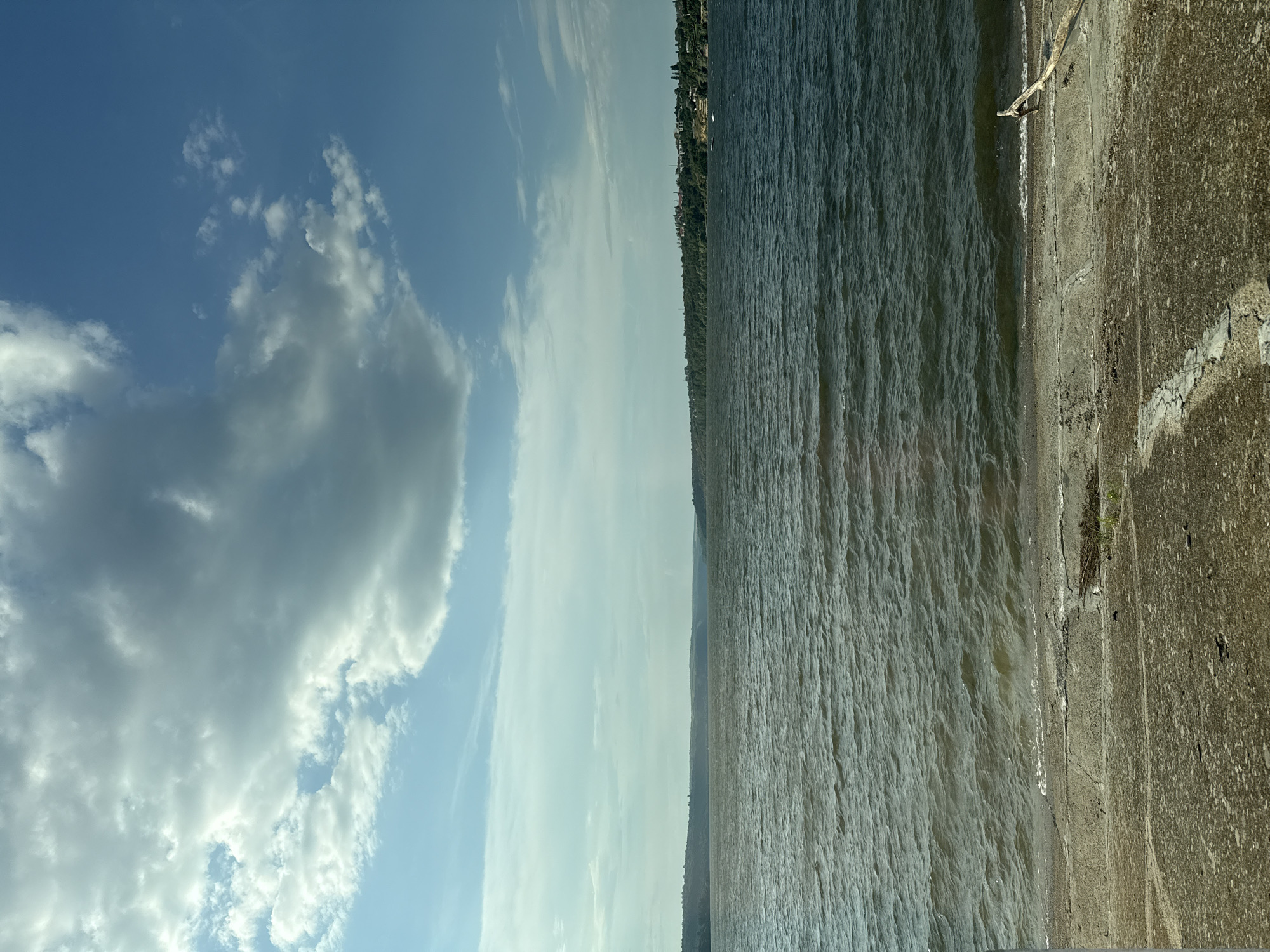 The image captures a wide view of the Dniester River on a bright, partly cloudy day. In the foreground, a weathered concrete embankment slopes gently down to the water's edge. The embankment is textured with cracks and some sparse vegetation. The Dniester River occupies the middle ground, its surface rippled by a gentle breeze, reflecting the sky's colors of blue and white. Across the river, the opposite bank is lined with a dense, green forest, beyond which a small town or village is visible, with buildings clustered together and trees dotting the landscape. The sky above is a vibrant blue, punctuated by large, fluffy white clouds. The scene conveys a sense of natural beauty and tranquility in the city of Ustia, Moldova.