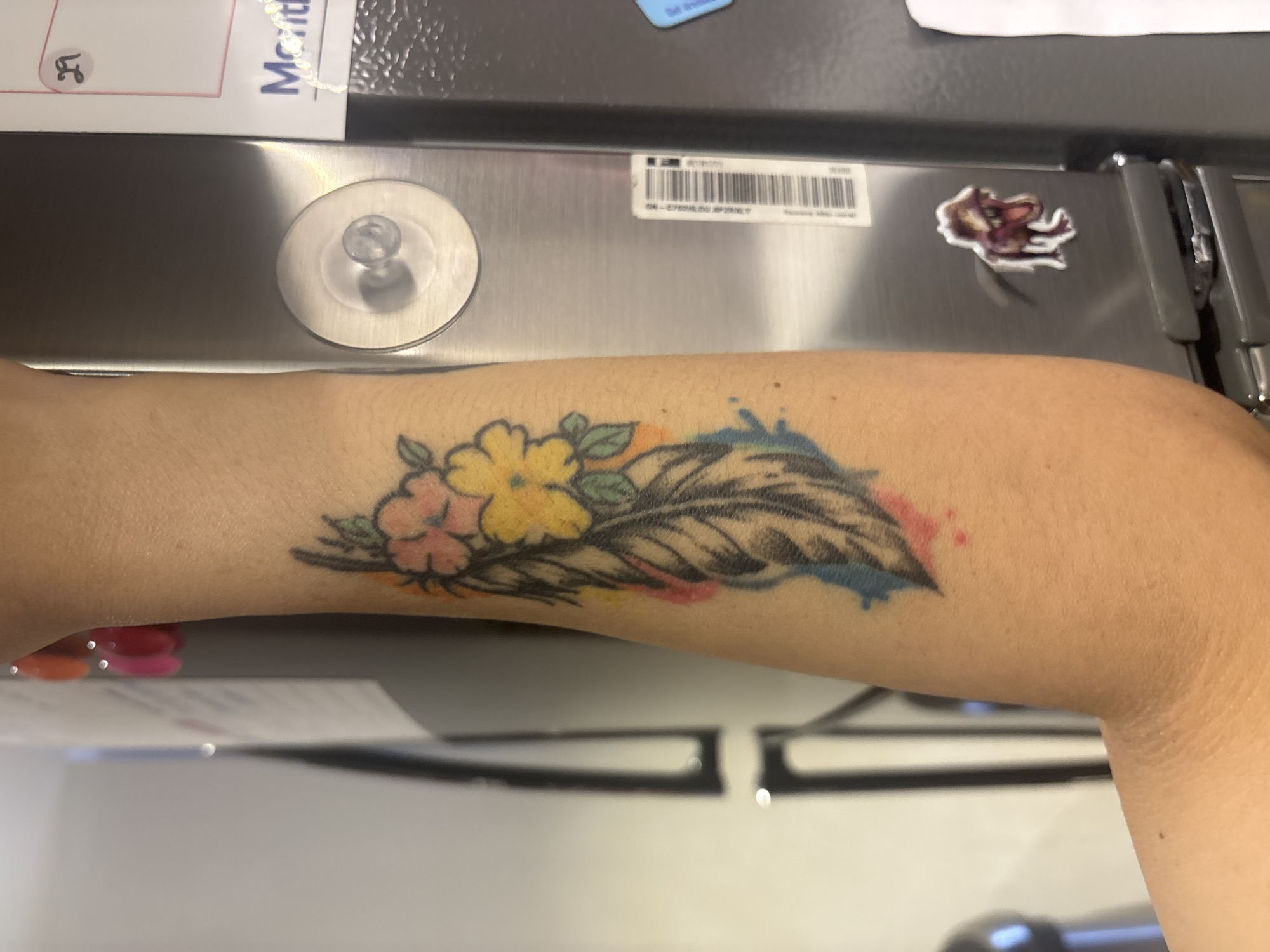 A person's forearm with a colorful tattoo of a feather and flowers is shown against a metallic background, likely a refrigerator. The tattoo features shades of black, grey, pink, yellow, and blue, with watercolor-like splatters around the feather. A circular clear suction cup is attached to the metallic surface to the right of the forearm. A small sticker of a cartoon dinosaur is also visible on the metallic surface below the suction cup. A white label with a barcode and text is affixed to the metallic surface, to the right of the forearm and above the dinosaur sticker. The upper part of the image shows a hand with bright pink and orange fingernail polish. The overall scene is a close-up view of the forearm and a portion of a metallic surface, with no discernible urban or environmental context of Dubai, United Arab Emirates.