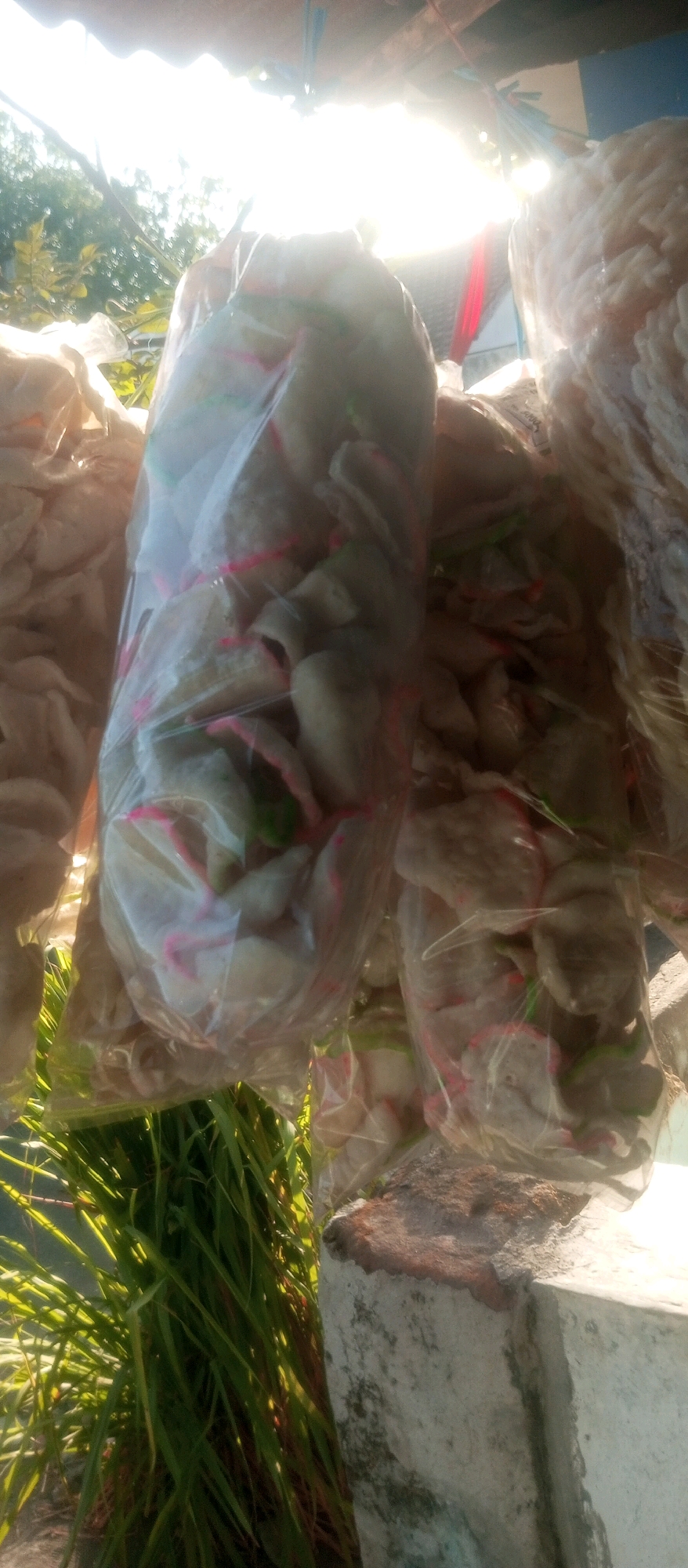 A close-up, vertical shot captures a stall featuring bags of snacks, likely crackers or kerupuk, in the city of Kediri, Indonesia. The snacks are packaged in clear plastic bags, some tied with pink and green string, and are hanging in the sunlight. In the foreground, lush green grass and foliage are visible. The background is dominated by the bright sun, creating a lens flare effect, and hints of trees and structures, including a corrugated roof. The overall scene suggests an outdoor market or street-side vendor.