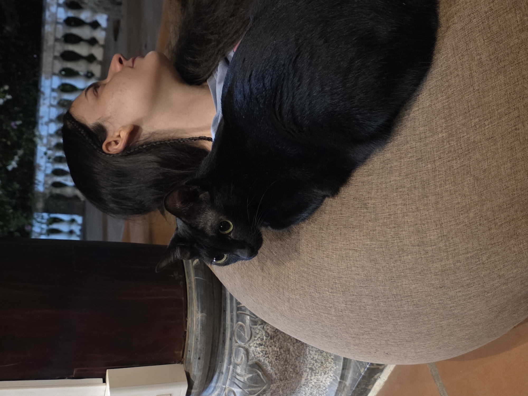 A person and a black cat are seen relaxing together in what appears to be a semi-outdoor or indoor setting, likely in Mũi Né, Vietnam. The image is taken at an angle, showing a close-up perspective.
The primary subjects are a person, likely a woman, with long dark hair that has braided sections near the ear. She is lying down in profile, looking upwards with a relaxed expression. Her skin tone is light. Resting partly on her and partly on a large, light brown, textured fabric cushion is a sleek black cat. The cat has bright yellow-green eyes and is looking directly towards the camera with a curious gaze.
The background suggests an evening or nighttime setting due to the dim lighting. Behind the person's head, a white or light-colored balcony railing is visible, with hints of dark foliage beyond it. The cushion the cat is on is large and appears to be a beanbag or large floor cushion. Below the cushion, there's a dark wooden surface and light brown/terracotta-colored floor tiles. The overall mood is calm and peaceful. No discernible text is visible in the image.