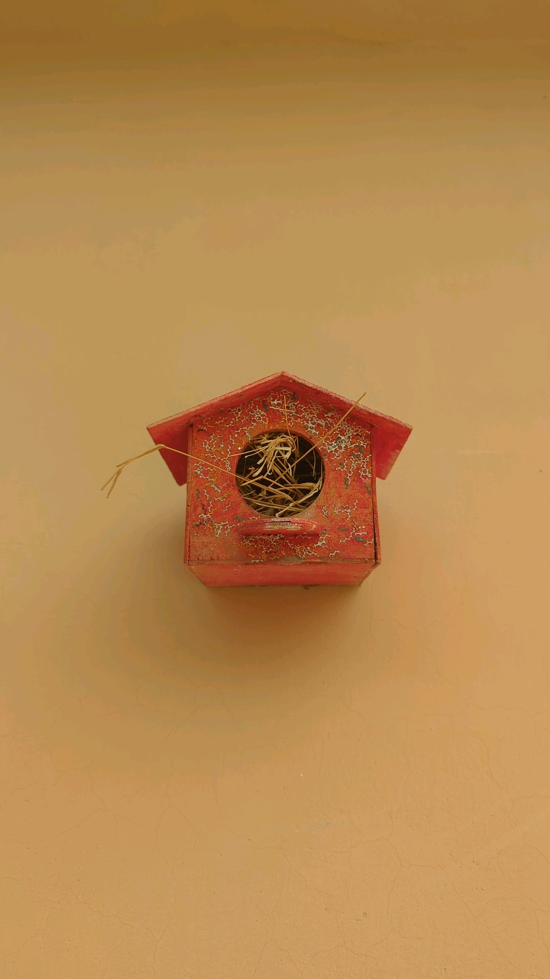 A small, red, birdhouse is mounted on a tan-colored wall. The birdhouse has a pitched roof and a circular opening in the front. Inside the opening, there is a nest made of straw. A few dry grass stalks extend from the left side of the birdhouse. The wall appears to have a slightly textured or crackled finish. This scene is located in Wah Model Town Phase 1, Pakistan.