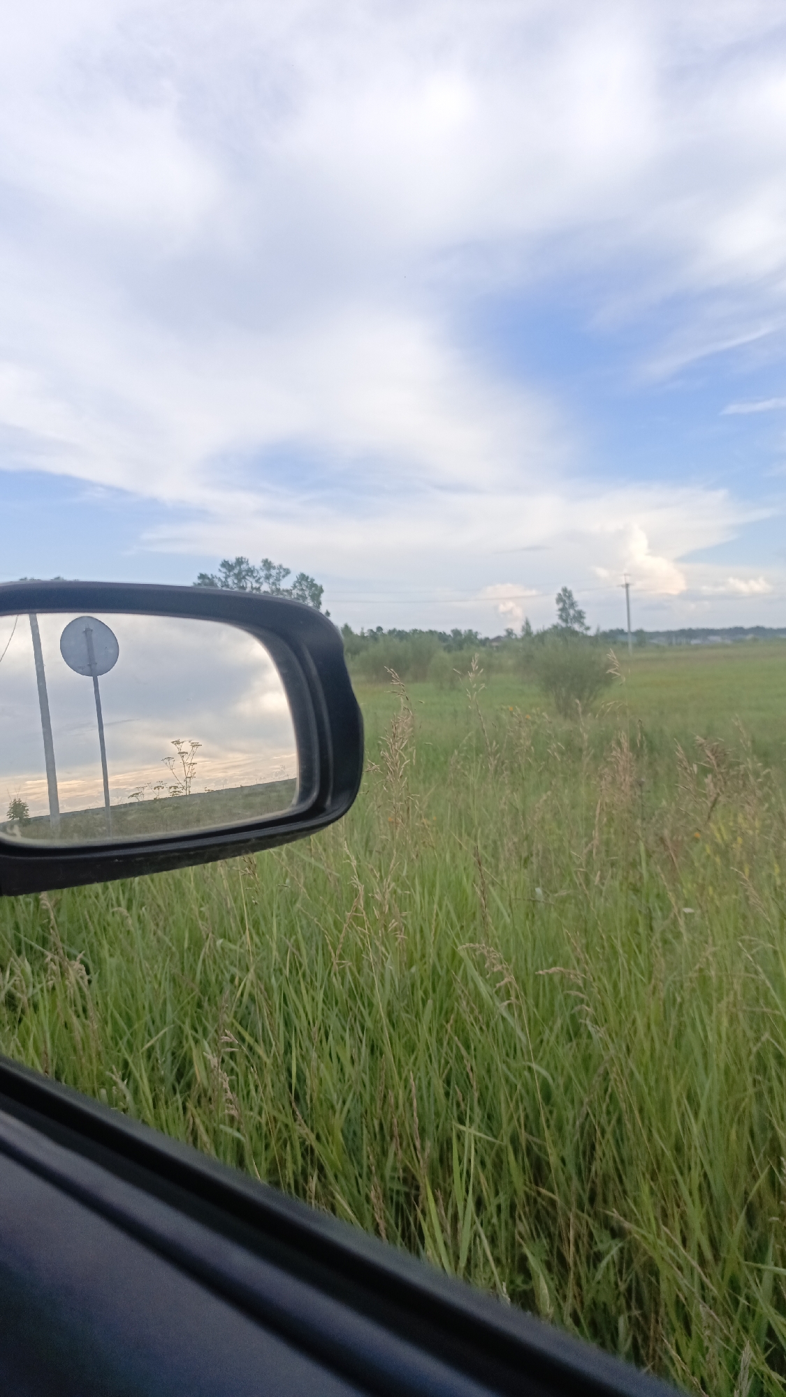 The image shows a view from inside a vehicle, looking out at a grassy field under a cloudy sky. A side mirror is visible on the left, reflecting a pole with a circular sign and some vegetation. The field extends into the distance, with trees and utility poles scattered across the landscape. The overall impression is one of rural scenery, possibly on the outskirts of a city. There is no indication of the city of Angarsk, Russia, in the image.