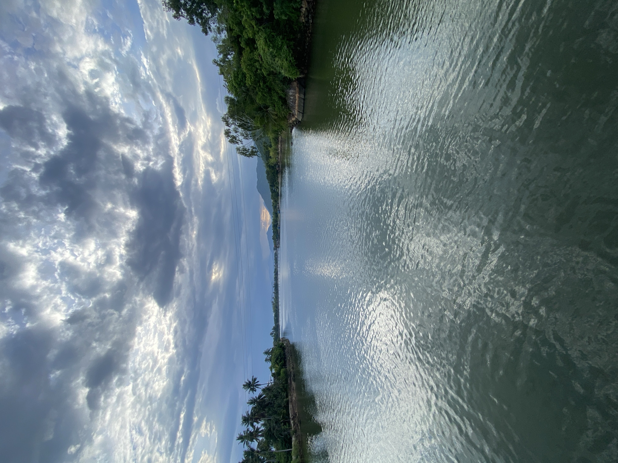 The image depicts a wide river with calm, reflective water, possibly at dusk or dawn, given the cloudy sky with patches of sunlight. The banks of the river are lined with lush green vegetation, including palm trees on the left and denser foliage on the right. In the distance, mountains are visible under the diffused light of the sky. The overall scene is tranquil and natural, suggesting a location outside of a dense urban area. Based on the visual cues of palm trees, tropical vegetation, and the presence of a wide river with distant hills, this scene is likely located in the vicinity of the Cai River estuary in Nha Trang, Vietnam, possibly near the bridge leading to the Hon Tre island or the coastal areas where rivers meet the sea. There are no people or animals visible in the image, and the environment appears untouched by human activity beyond the distant, faint silhouette of power lines on poles.