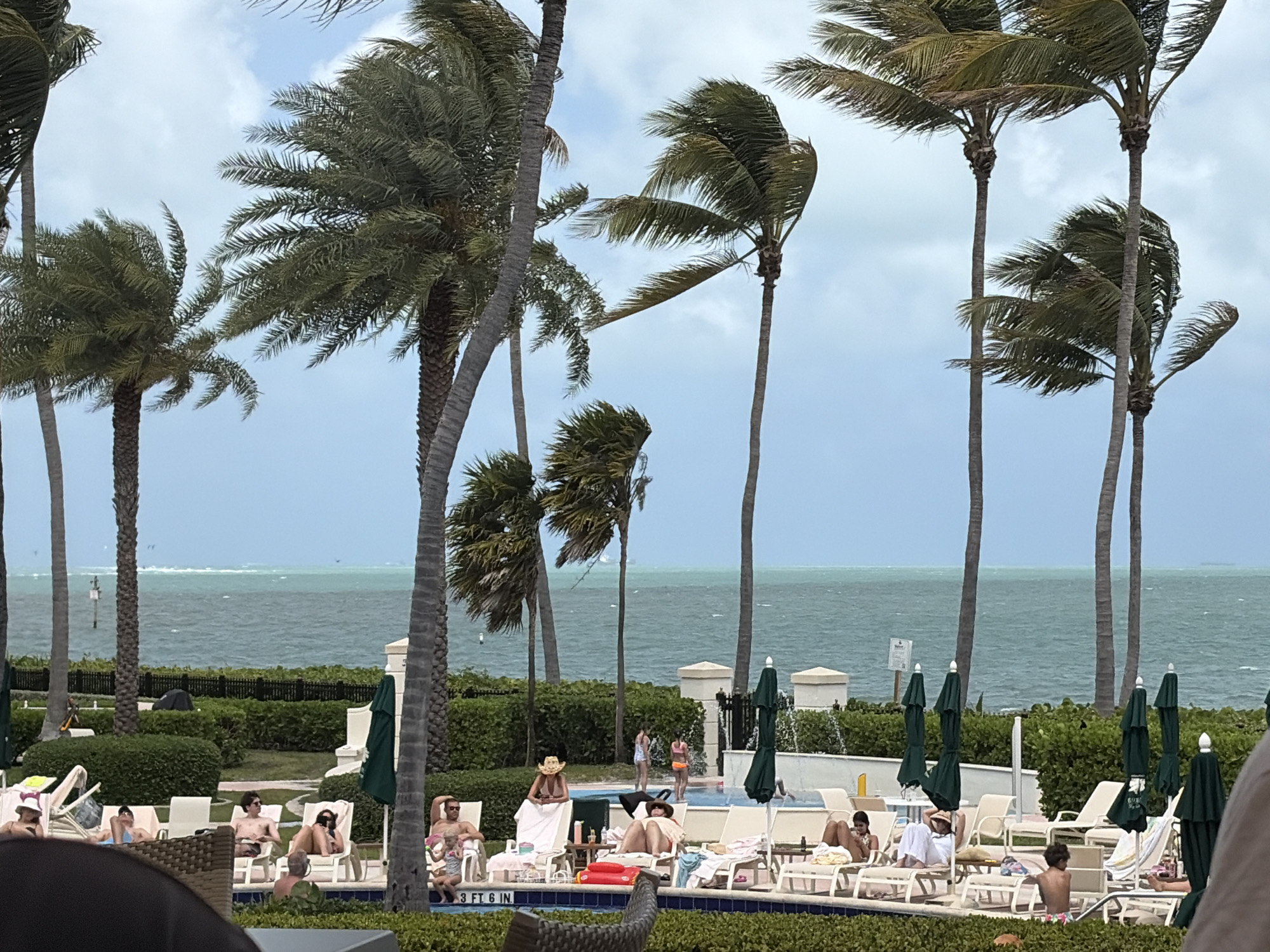 The image shows a tropical resort scene in Key Biscayne, United States of America, featuring a swimming pool area with palm trees blowing in the wind. People are relaxing on lounge chairs around the pool. Some are sunbathing, while others are standing or walking near the pool. In the background, there's a body of water, presumably the ocean, stretching to the horizon under a cloudy sky. The greenery and the resort's architecture add to the overall tropical ambiance.