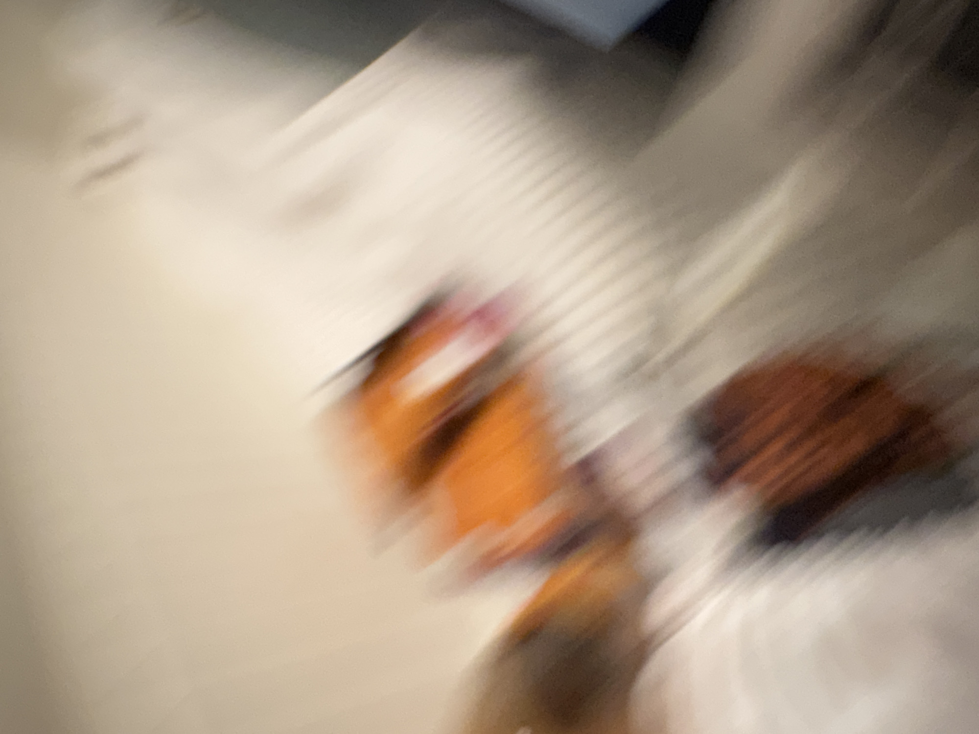 The image is an abstract composition dominated by extreme motion blur, with streaks primarily running diagonally from the top-left to the bottom-right. The color palette consists mainly of light beige and off-white, with significant blurred areas of orange, brown, and dark grey or black.
**Subjects:** No identifiable people are visible. Indistinct, heavily blurred shapes suggest the presence of objects. In the central and right areas of the image, there are prominent masses of orange and dark brown, appearing as blocky or irregular forms. Their specific nature is undeterminable due to the blur, but they might represent items such as bags, boxes, or furniture.
**Scene/Setting:** The severe motion blur makes it impossible to definitively identify the scene or setting. The dominant light beige and off-white tones could suggest an indoor environment with light-colored walls or surfaces. Diagonal streaking, particularly in the upper-middle and right sections, might indicate a textured surface like blinds, a radiator, or patterned elements, but this is highly speculative. Darker grey and black areas appear towards the upper corners, possibly representing shadows or structural elements. There are no specific visual cues to confirm the location as Moscow, Russia.
**Activity or event taking place:** The pervasive motion blur is the most significant indicator, suggesting rapid movement either of the camera itself or of subjects within the frame during exposure. No specific activity or event can be discerned from the abstract imagery.
**Notable details:**
- **Time of day/Weather:** Not discernible.
- **Location cues:** None visible.
- **Emotions:** Not discernible.
- **Visible text:** There is no visible text in the image.