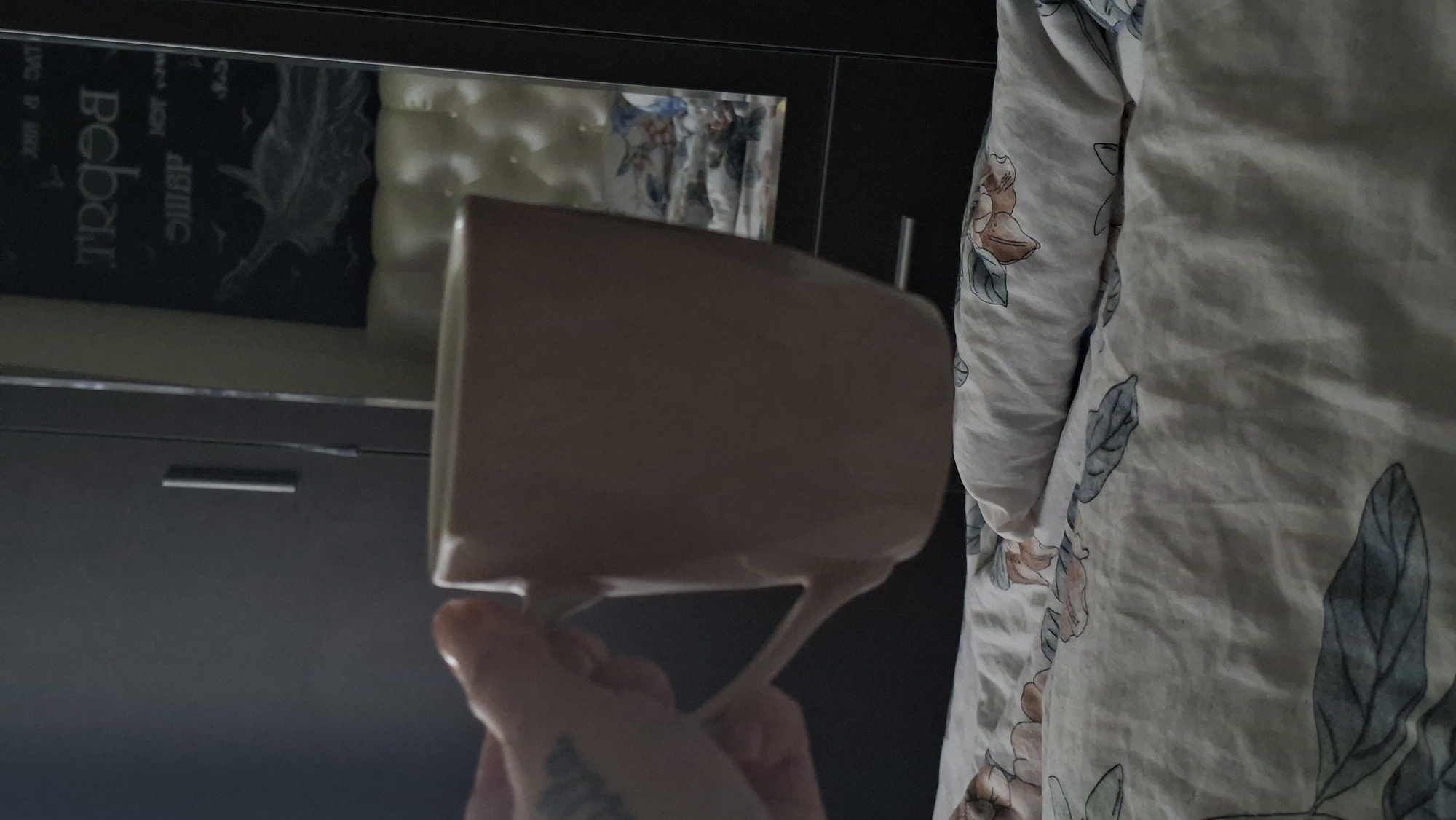 A hand holds a light beige mug in front of a dark brown closet door. The mug is on the right side of the image, and the hand is on the left. The mug has a handle. In the background, a mirror reflects a bed with a floral patterned comforter. The overall scene appears to be indoors, likely a bedroom, and is consistent with a domestic setting in Myadzyel, Belarus.