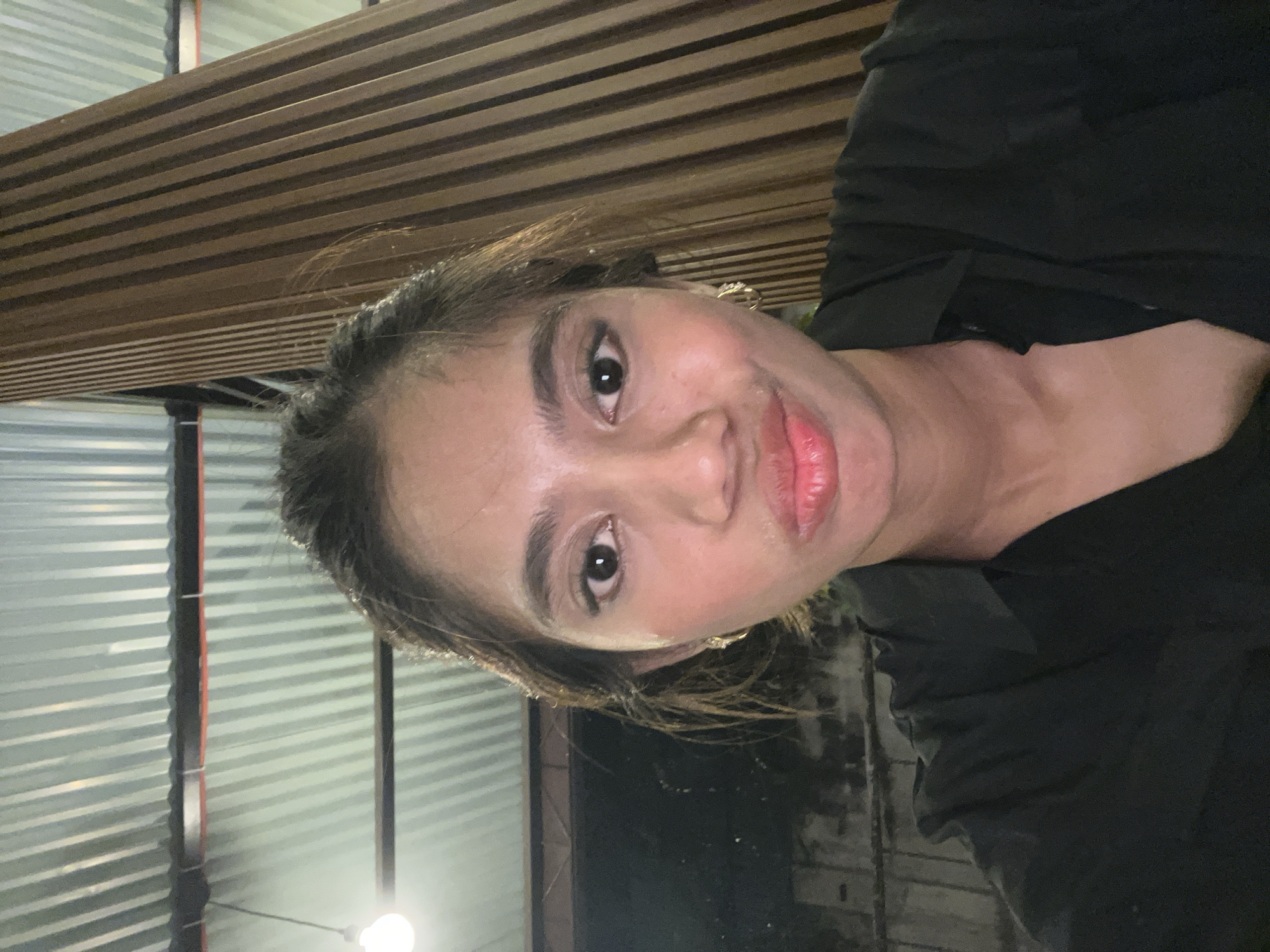 The media file is a portrait of a young woman, taken from a close-up angle that focuses on her face and upper body. She has dark hair and is wearing a black top. Her expression appears playful or amused, with a slight smile. The lighting suggests it might be evening or indoors, as there's a visible light fixture in the background.
The background features a corrugated metal wall with horizontal lines and a section of dark, wooden slatted panels. These elements create a textured and somewhat industrial or rustic backdrop. The overall setting appears to be an outdoor or semi-outdoor area, possibly a covered walkway or a patio, given the combination of materials.
There is no visible text in the media file. The image is oriented such that the subject is seen from a sideways perspective.