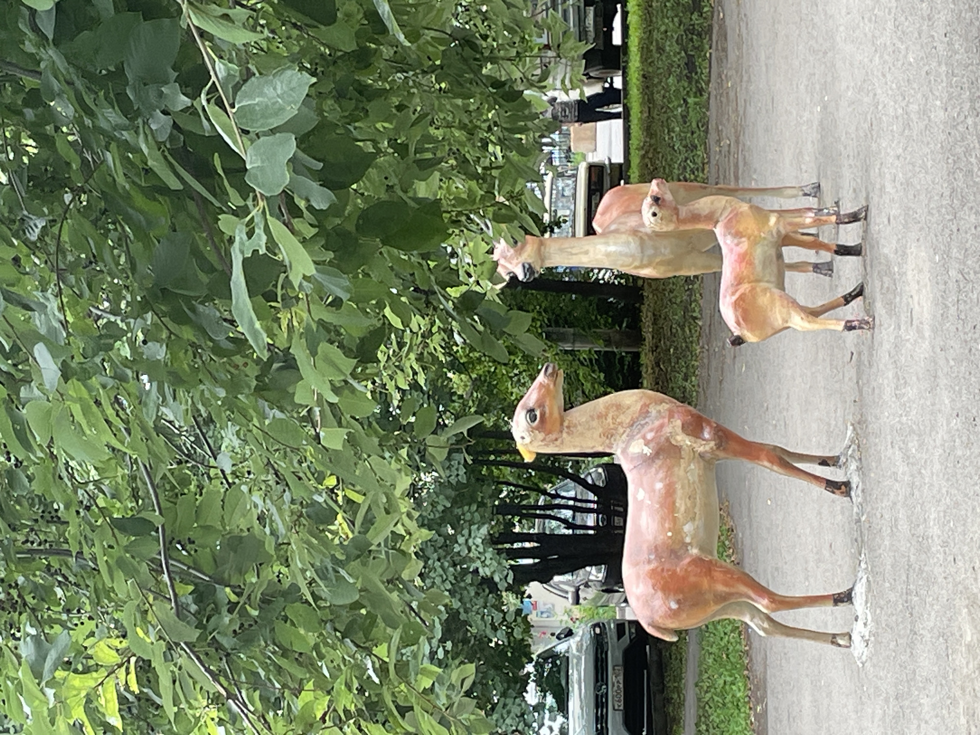 The image depicts a group of three artificial deer sculptures placed on a paved surface, likely a walkway or park area. The largest sculpture, a doe, stands in the foreground on the left, with a smaller deer beside it on the right and a third, taller deer sculpture in the background. The deer are a reddish-brown color with white spots. Behind the sculptures, there are trees with lush green foliage and some vehicles parked.
The license plate visible on the car in the background, "T600PP", suggests the location is Ufa, Russia, as this format is consistent with Russian license plates, and the Cyrillic characters would be read as such. The overall environment appears to be an outdoor public space, possibly a park or a boulevard within the city, given the presence of trees, paved pathways, and parked cars. The lighting suggests it is daytime.