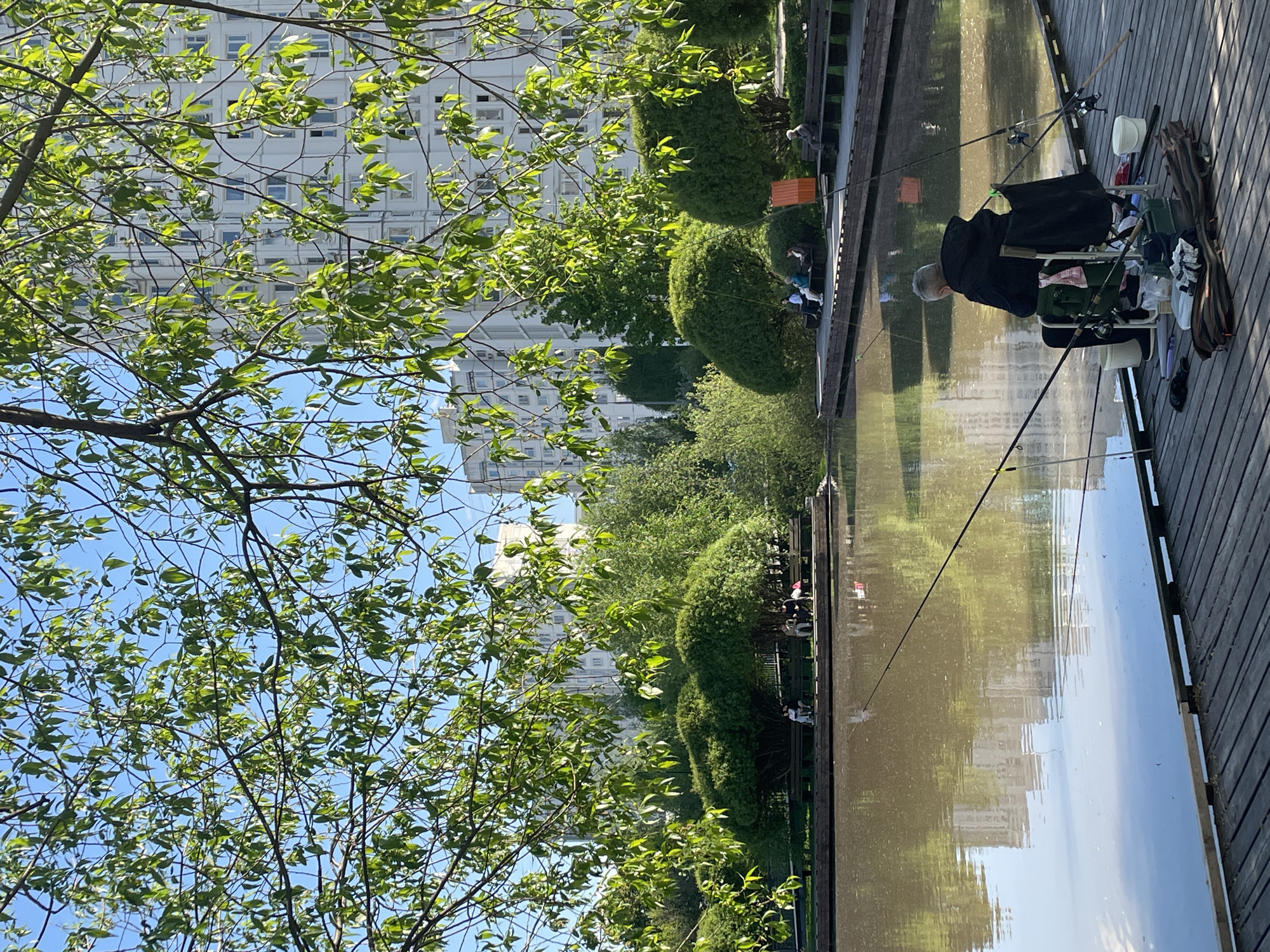 On a sunny day in Moscow, Russia, a group of people are fishing from a wooden dock along a canal. The scene is captured with the camera oriented sideways. An angler sits in a folding chair surrounded by fishing equipment, including multiple fishing rods extended over the water. In the background, tall, modern apartment buildings are visible, partially obscured by lush green trees and bushes. The canal's murky water reflects the buildings and sky. The sky is mostly clear with some scattered clouds. Other people are fishing further along the dock. The photo suggests a peaceful, recreational activity taking place in an urban environment.