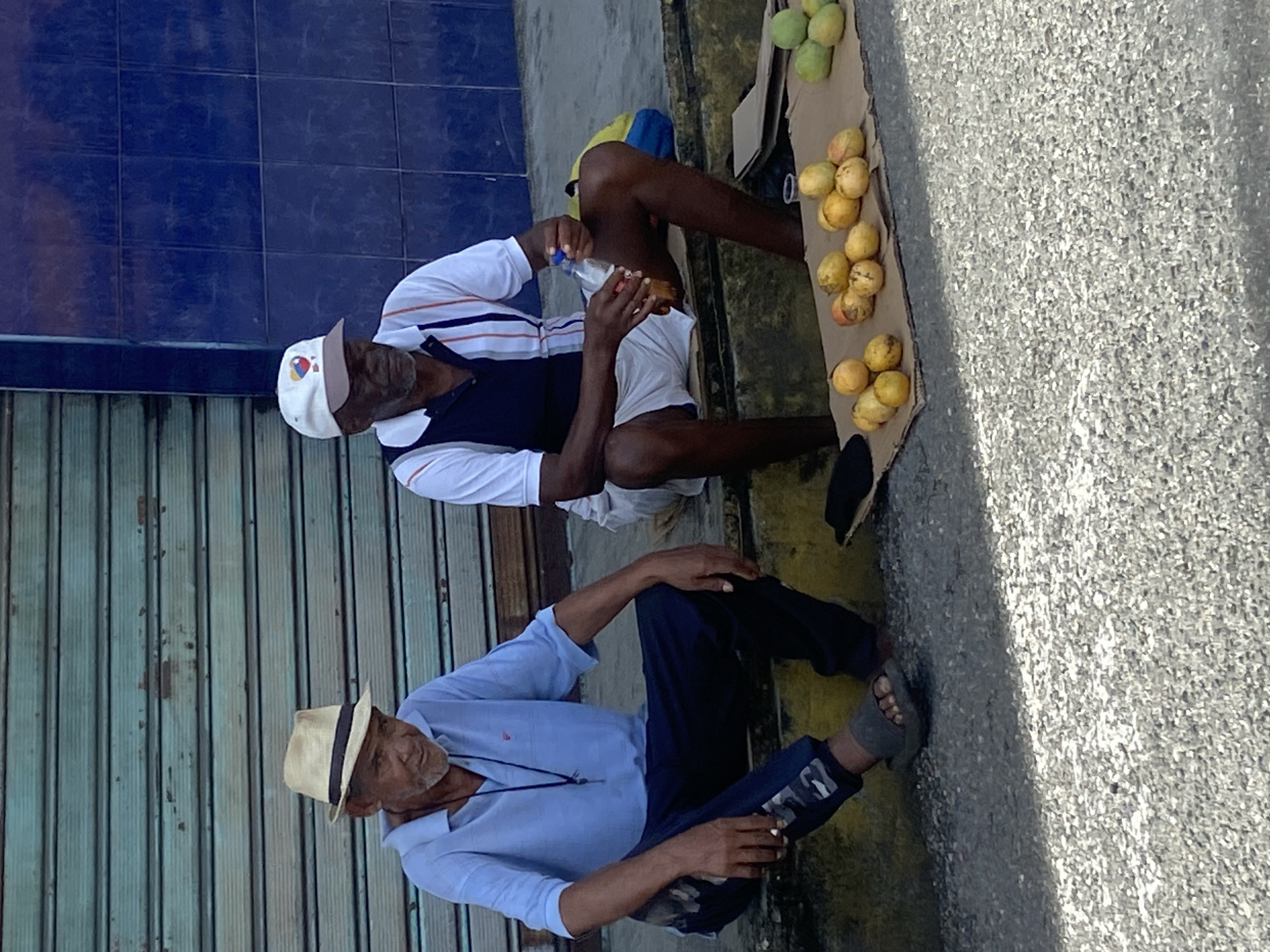 Two elderly men are sitting on a curb outside a building in San José de Barlovento, Venezuela. The man on the left, wearing a light blue polo shirt and a straw fedora, is looking towards the camera with a neutral expression. The man on the right, wearing a white and dark blue polo shirt and a white baseball cap, is holding a bottle of liquid and appears to be drinking from it. In front of them, on a piece of cardboard, are piles of yellow and green fruit, possibly mangoes or similar produce, suggesting they are selling the fruit. The background shows a weathered, teal-colored metal shutter and a dark blue tiled wall. The scene suggests a typical street-side vending operation in a warm climate.