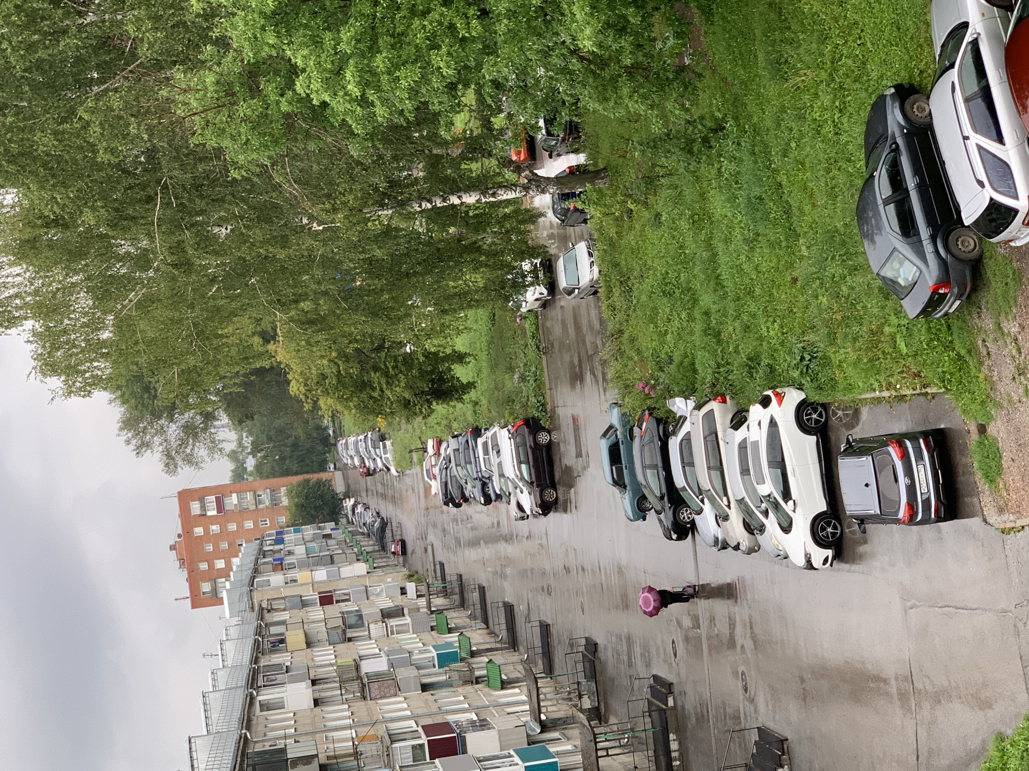 This is a medium-angle, high-saturation, eye-level shot of a wet residential street in Prokopyevsk, Russia, after a rain shower. On the left, a multi-story apartment building stretches along the street, its facade a mix of gray concrete and balconies. Parking is abundant, with cars lined up along the curb on both sides of the street. A lone figure, holding a pink umbrella, walks away from the camera, pulling a wheeled suitcase. Across the street, a patch of lush green grass and trees adds a touch of nature to the urban landscape.