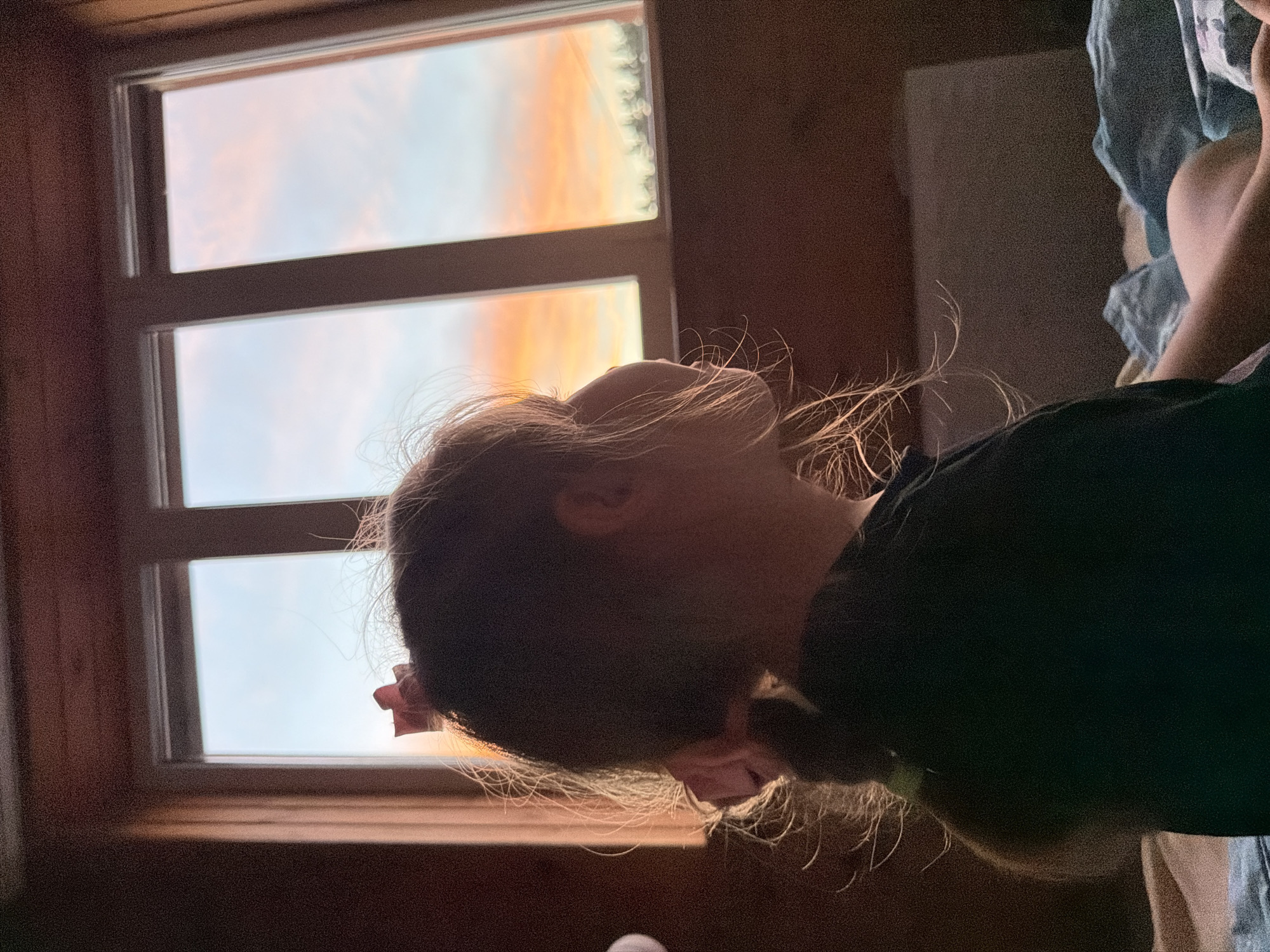 An outdoor scene captured at sunset, featuring a young girl with a pink bow in her hair, looking out a window. The girl is in profile view, with her head and shoulders visible against the backdrop of a window. The window is divided into three panes, revealing a sky filled with warm hues of orange and pink, indicative of a sunset. The interior of the room appears to be dimly lit with wooden paneling on the walls. The overall impression is one of quiet contemplation as the girl observes the sunset.