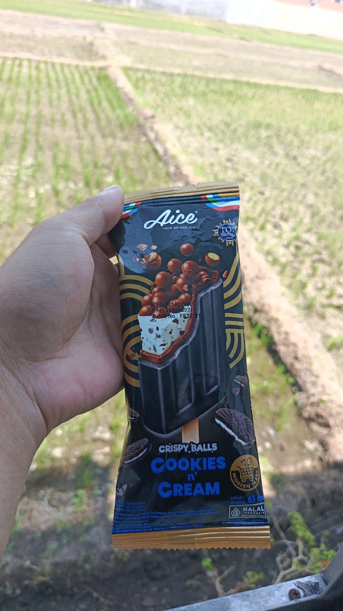 A person's left hand holds a partially unwrapped ice cream bar package labeled "Aice CRISPY BALLS COOKIES n' CREAM" against a blurred background of agricultural fields in Babadan, Indonesia. The ice cream bar depicted on the packaging is chocolate-covered with cookie and cream ice cream, and chocolate balls. The background shows rows of young green plants in an outdoor setting.