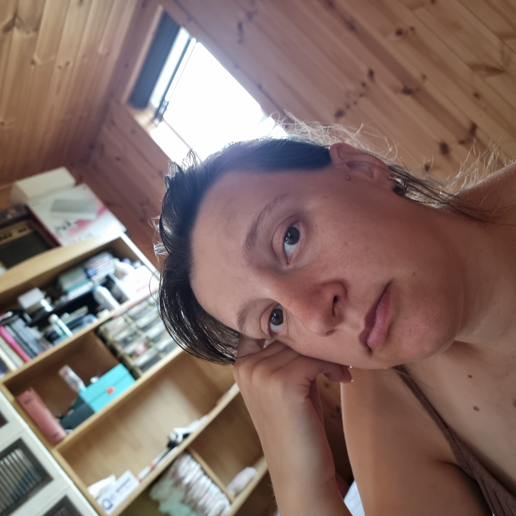 A woman is resting her head on her hand, looking into the camera with a neutral expression. She has dark hair and is wearing a brown tank top. The background appears to be a room with wooden walls and shelves filled with various items. The image quality is moderate, with some blurriness. The scene is indoors, possibly a residential setting.