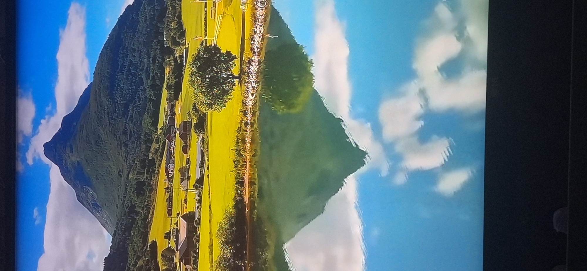 This is a vertical, eye-level, wide shot of a picturesque landscape featuring a mountain, a lake, and a village. The mountain, covered in lush green trees and vegetation, dominates the upper portion of the image, its peak sharp and prominent against a bright blue sky with scattered white clouds. Below the mountain, a verdant green field stretches out, dotted with several farmhouses and buildings that form a small village. A single, large, leafy tree stands in the middle ground, casting a shadow on the field. In the foreground, a calm body of water reflects the mountain, the sky, and the clouds, creating a mirror image of the scene above. The water's surface is smooth, with subtle ripples distorting the reflections in places. The overall impression is one of natural beauty and tranquility. There are no people visible in the image.
This image does not depict the city of Bila Tserkva, Ukraine. The landscape shown is a natural mountainous region with a lake and rural settlements, not an urban environment.