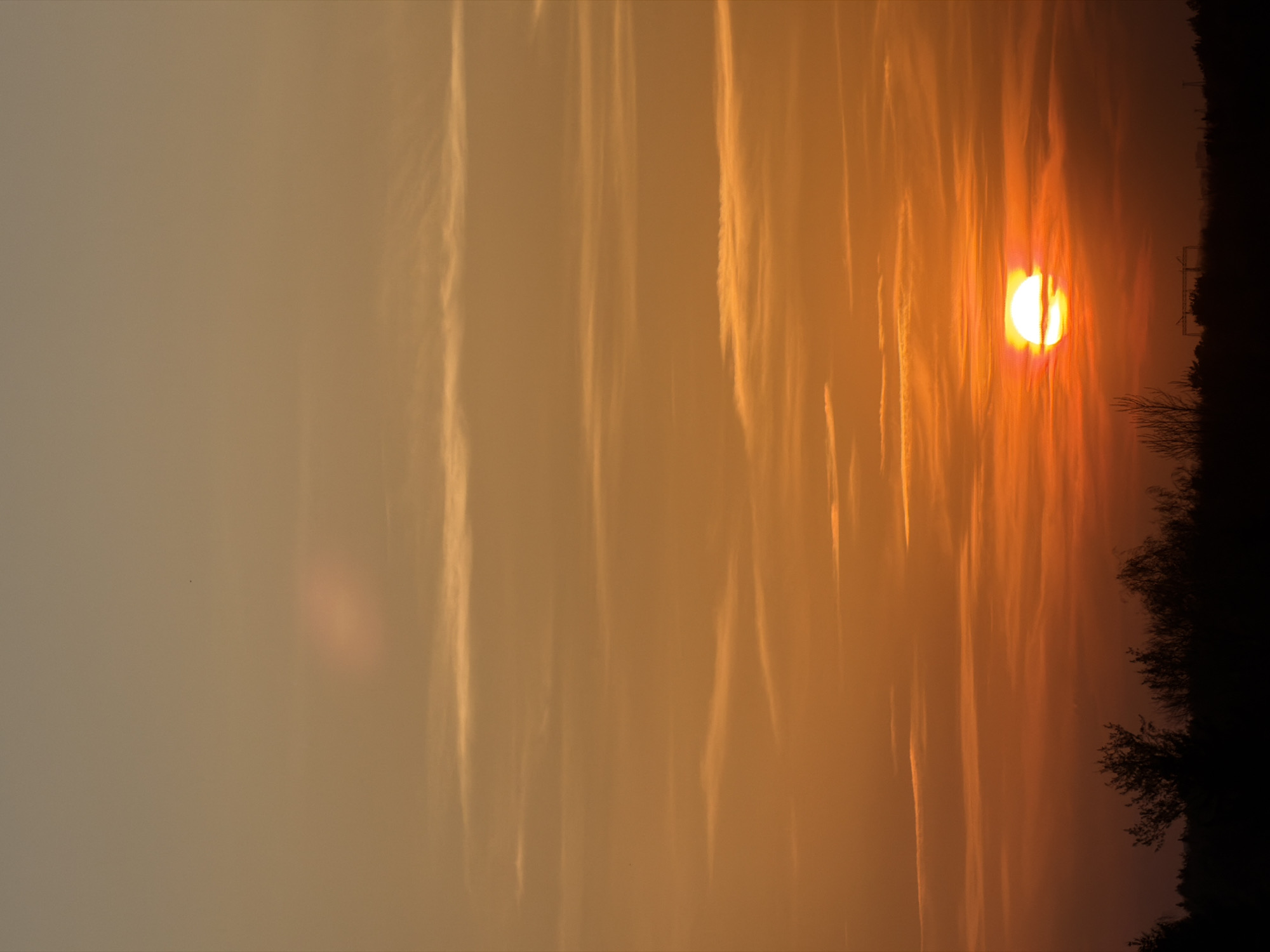 The image shows a sunset with an orange sky partially obscured by streaky clouds. On the right edge, there's a silhouetted treeline. The sun is bright and orange, positioned just above the horizon, with its light filtered through the clouds. The location is in the city of Unknown, Unknown.