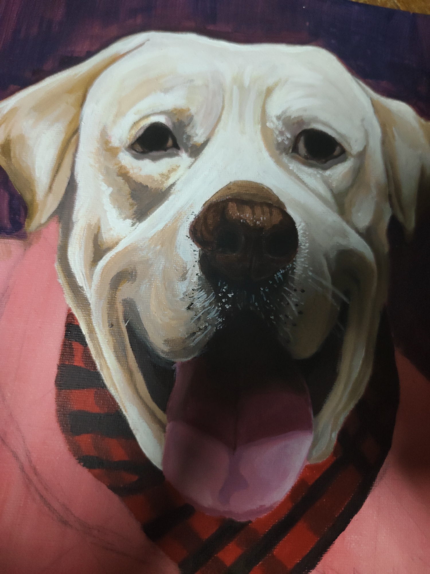 An oil or acrylic painting depicts a cream-colored Labrador Retriever in a close-up, head-on view. The dog's face is centrally framed, looking directly forward with a wide, happy expression, its mouth open and a large, purplish-pink tongue extended. Its dark, wet-looking eyes are prominent, and its dark brown nose shows distinct nostrils. Visible white whiskers extend from its muzzle, which exhibits subtle fur texture from visible brushstrokes. Around its neck, the dog wears a red and black plaid bandana or collar. Below this, a solid pink garment is visible, with a faint black outline indicating an unfinished section of the painting in the lower-left corner. The background is a dark, solid maroon or deep purple hue with visible brushwork, providing no specific environmental context. The image itself provides no discernible information regarding its location within Davao City, Philippines, or any other specific geographical area, as it is a painted portrait.