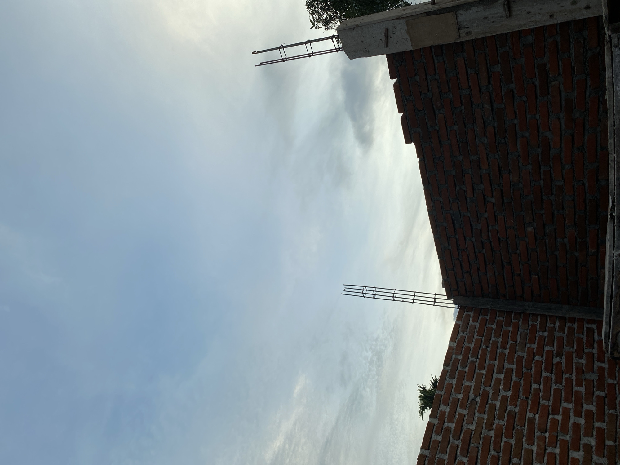 This image shows a low-angle view of a brick wall under construction against a cloudy sky. Two vertical rebar structures are visible, one to the left extending from a concrete column and another to the right, emerging from a concrete pillar. The brickwork is reddish-brown, laid in a stretcher bond pattern. A palm tree and another tree with dense foliage are partially visible in the background. The sky is a pale blue with wispy white clouds. The scene appears to be outdoors in an urban or suburban area, possibly a residential construction site.