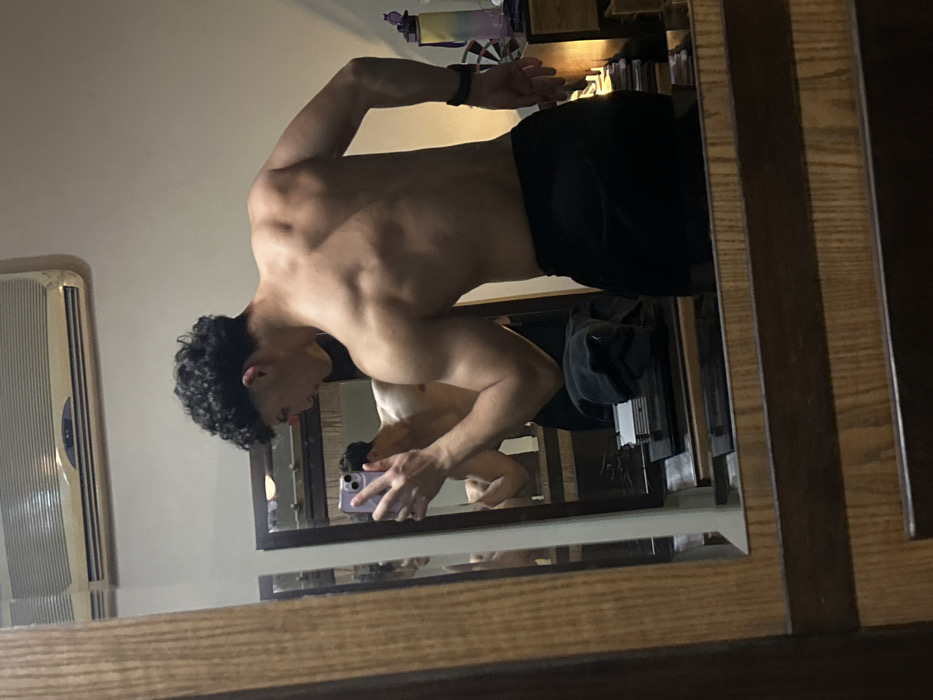 A shirtless man with dark curly hair stands in front of a mirror, holding a smartphone. He is wearing dark shorts. His posture reveals muscular definition in his arms, shoulders, and back. The room has a muted color palette, with a visible air conditioning unit and wooden furniture. The mirror reflects the man and parts of the room behind him.