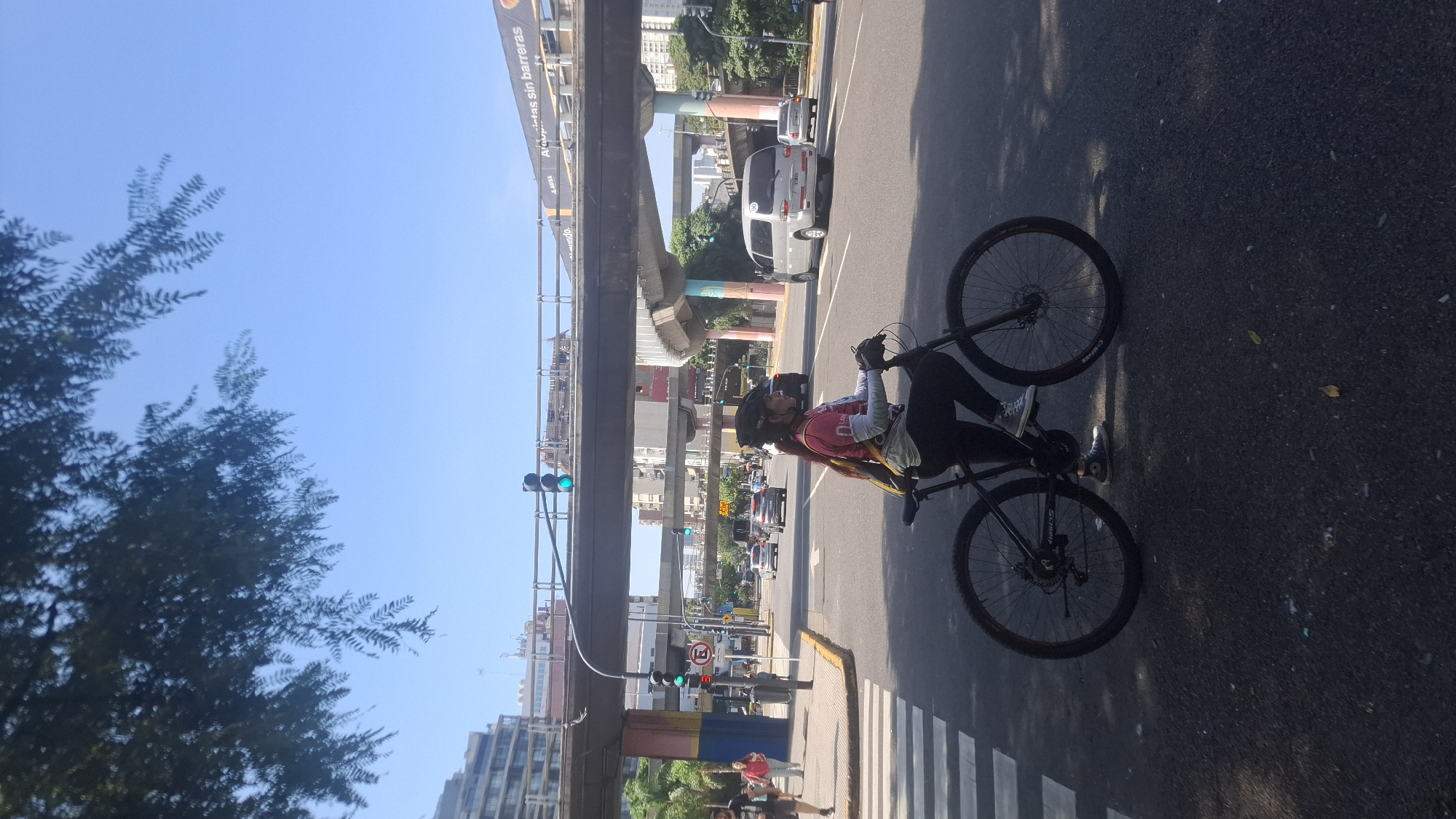 A cyclist is riding a bicycle on a city street in Buenos Aires, Argentina. The cyclist is wearing a helmet, gloves, and a cycling jersey, and riding on the right side of the road. Overhead, there is a highway overpass with traffic and signs on it. In the background, there are buildings, trees, a traffic light, a crosswalk, and cars on the street. The day appears to be sunny.