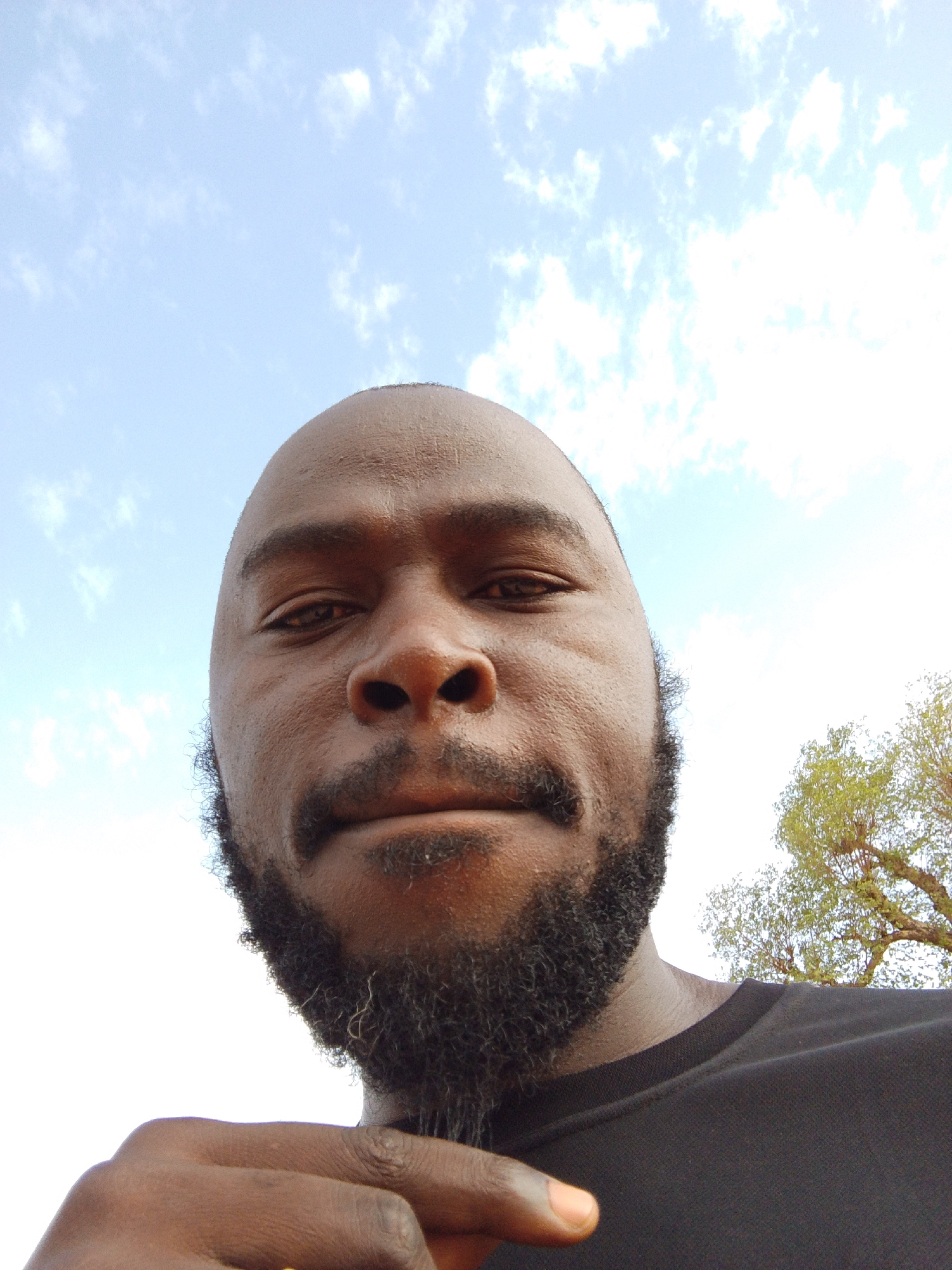 A close-up selfie of a bald, dark-skinned man with a full beard, possibly in Mulke Barikin Sayejo, Nigeria, based on external information. He is wearing a black t-shirt. The background shows a partly cloudy sky, and a tree is visible in the distance to the right. He is looking directly at the camera. His right hand is in the lower left corner of the frame.