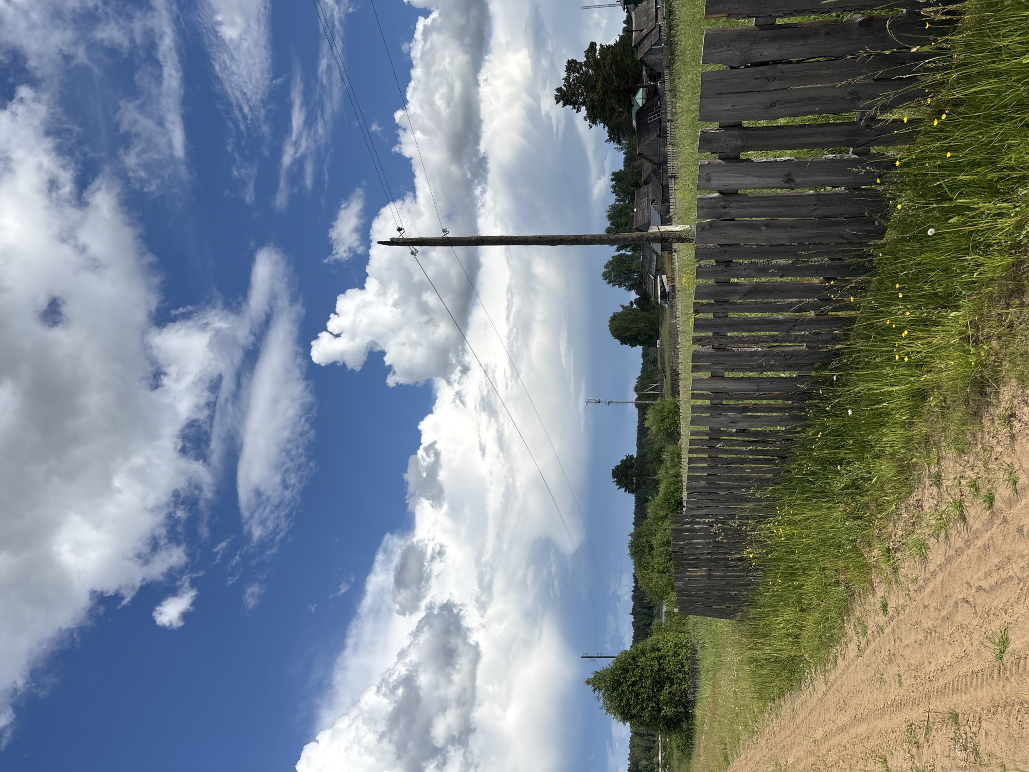 This is a vertical, eye-level shot of a rural scene in the city of Kurgan, Russia, on a bright, cloudy day. In the foreground, a sandy dirt path with tire tracks curves to the left, bordered by tall green grass with scattered yellow and white wildflowers. A weathered, grey wooden plank fence runs horizontally across the middle ground, separating the path and grassy area from a field of more grass and wildflowers behind it. In the background, a cluster of wooden houses with dark roofs are visible, some with visible ladders leaning against them. Trees and bushes are scattered throughout the scene, with a dense line of trees forming the horizon. A tall wooden utility pole with wires attached stands in the right midground, and a smaller cell tower is visible in the distance behind it. The sky is a vibrant blue, filled with dramatic white and grey cumulus clouds.
