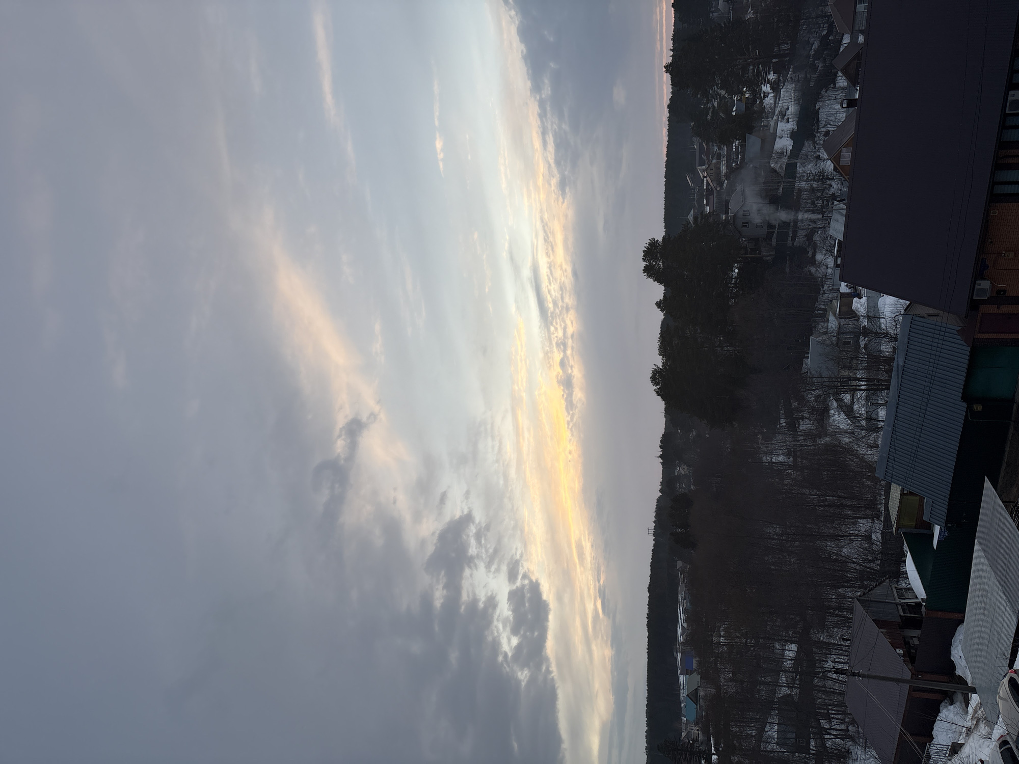 The image shows a view from an elevated position, likely a building or hill, overlooking a residential area near a forest. The sky is mostly cloudy with a band of yellow light peeking through, possibly indicating sunset or sunrise. The residential area includes houses with various roof types, and there are trees scattered throughout. Some houses appear to have snow on the ground around them. A distinct line of dense forest is visible in the middle ground. In the foreground, parts of rooftops are visible, suggesting that the viewpoint is from a building within the residential area. The image has a somewhat muted color palette due to the overcast sky and wintry conditions. The scene is likely located in a rural or suburban setting in Chaikovsky, Russia, given the presence of traditional houses and the nearby forest. There are no people visible in the image.