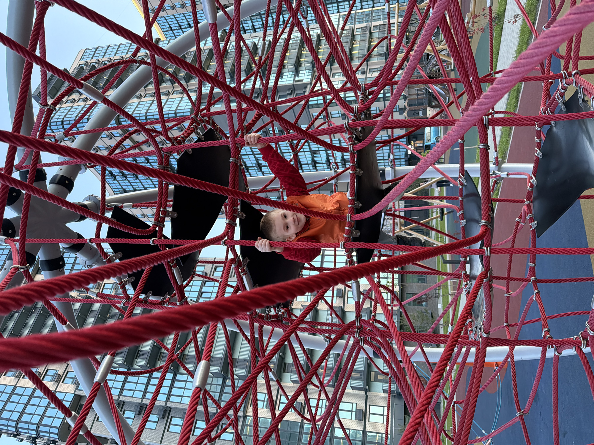 A young child with light hair, wearing an orange jacket over a red long-sleeved shirt, is the central subject of the image. The child is smiling and looking directly at the camera, appearing to be suspended or climbing within an intricate, multi-layered red rope structure. Their right hand is grasping one of the red ropes above their head.
The rope climbing structure is made of numerous thick red ropes, some thinner pink ropes, silver metal connectors, and white or grey support poles. There are also dark, possibly black, fabric elements integrated into the structure. The image is taken from a low angle, looking up into the ropes, creating a dynamic and somewhat disorienting perspective.
In the background, visible through the gaps in the ropes, are modern, multi-story buildings with many reflective windows. Due to the angle and potential tilt of the camera, these buildings appear to be horizontally oriented within the frame, with their facades stretching across the top and left of the image. Below the structure, glimpses of a colorful playground surface with sections of blue, green, grey, and orange are visible.
The scene depicts a playful moment on a sunny day, likely in the late morning or early afternoon, given the bright, even lighting. The child appears happy and engaged in the activity. There is no visible text in the image. The setting is an urban recreational area, specifically a playground, in Beryozovy, Russia.