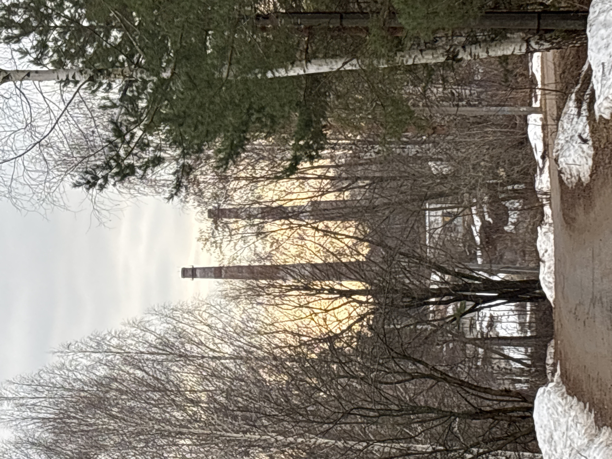 The image shows a street in Chaikovsky, Russia, on a winter day with snow on the ground. The scene is framed by bare trees and a few evergreens. In the background, two tall brick smokestacks rise into the overcast sky, suggesting an industrial area. A road runs along the right side of the image, with snow accumulating on its edges.