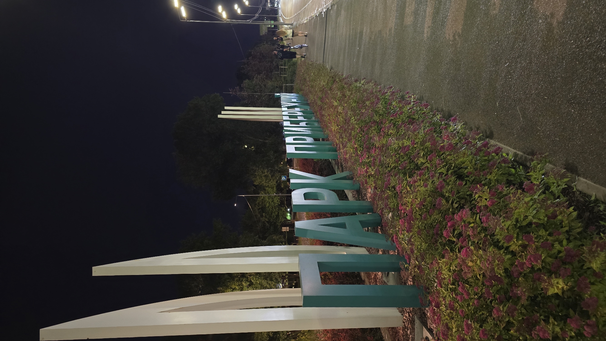 This nighttime image captures the entrance to Pryberezhny Park in Kyiv, Ukraine. Large, teal-colored three-dimensional letters spelling "ПАРК ПРИБЕРЕЖНИЙ" (Pryberezhny Park) are prominently displayed at the left. Behind these letters, several tall, white, abstract, curved structural elements rise against the dark sky. A meticulously maintained flower bed, densely planted with green shrubs bearing numerous small magenta blossoms, runs along the base of the sign and extends parallel to a paved sidewalk on the right.
Two individuals are walking away from the camera on the sidewalk. The person closer to the foreground wears dark clothing and pushes a small bicycle. Ahead of them, a second person is dressed in light-colored attire. Multiple streetlights with bright, warm-toned illumination line the right side of the scene, extending into the distance. A blue circular parking sign with a white 'P' is visible in the middle ground, situated among dark trees. The sky is a deep, uniform dark blue or black, indicating evening or night, with the entire scene illuminated by artificial lighting.